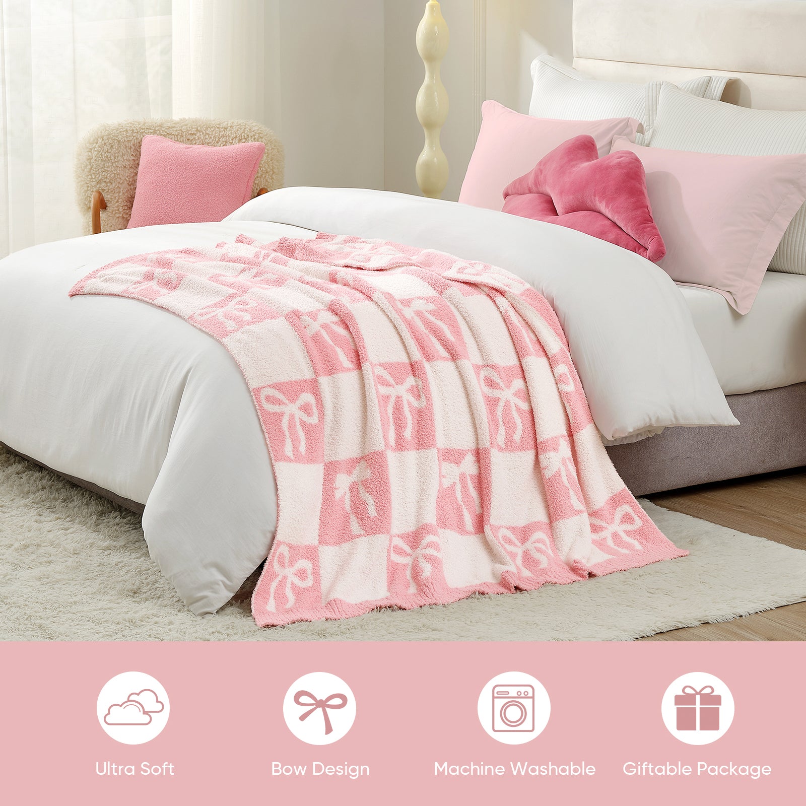 Reversible Checkered Bow Feather Yarn Throw Blanket