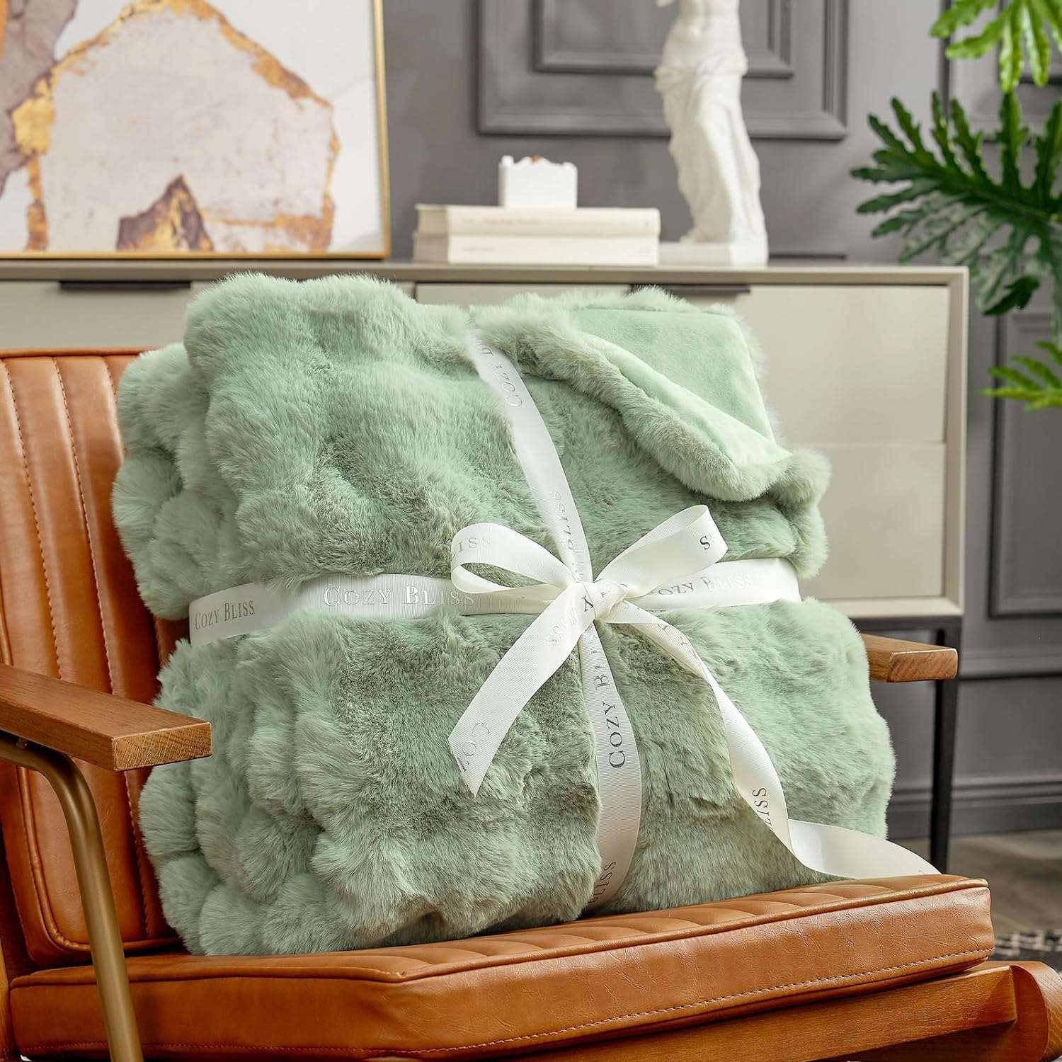Cozy Bliss Bubble Faux Fur Throw Blanket in mint green, tied with ribbon, a perfect cozy blanket #color_Sage Green