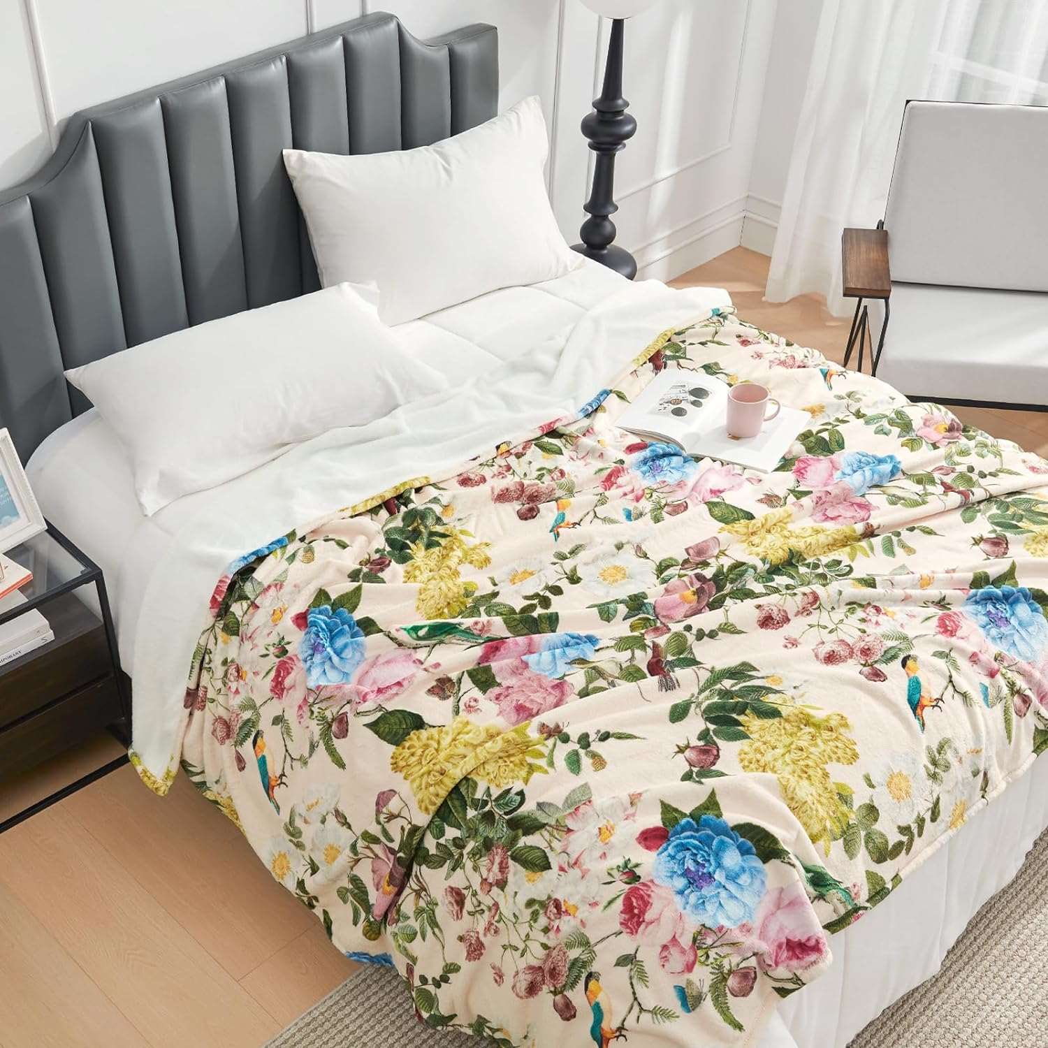 Floral fleece reversible blanket on bed, cozy bedding #color_Secret Garden