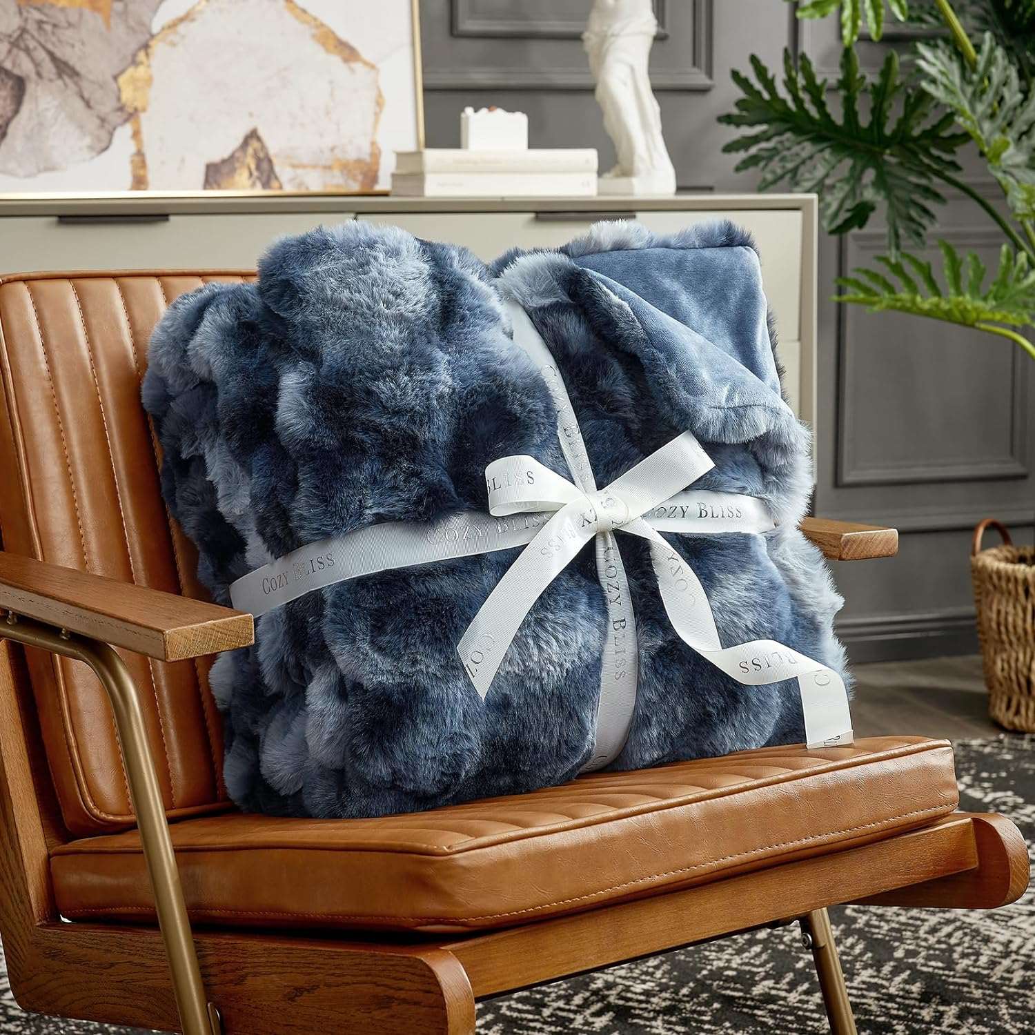 Cozy Bliss blue tie-dye faux fur throw blanket tied with ribbon, a perfect cozy blanket #color_Tie-dye Blue