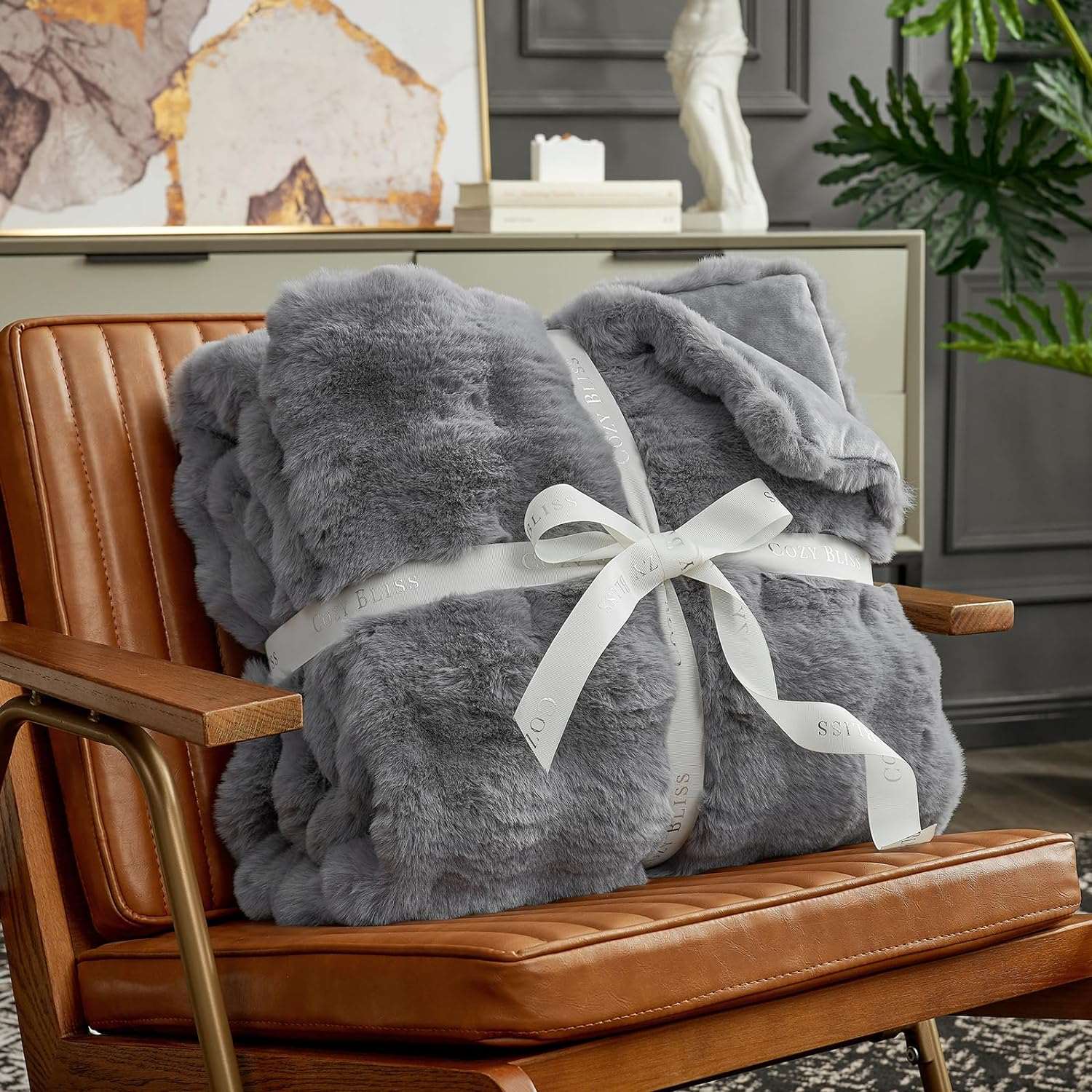 Cozy Bliss Gray Faux Fur Throw Blanket, gift ready #color_Grey