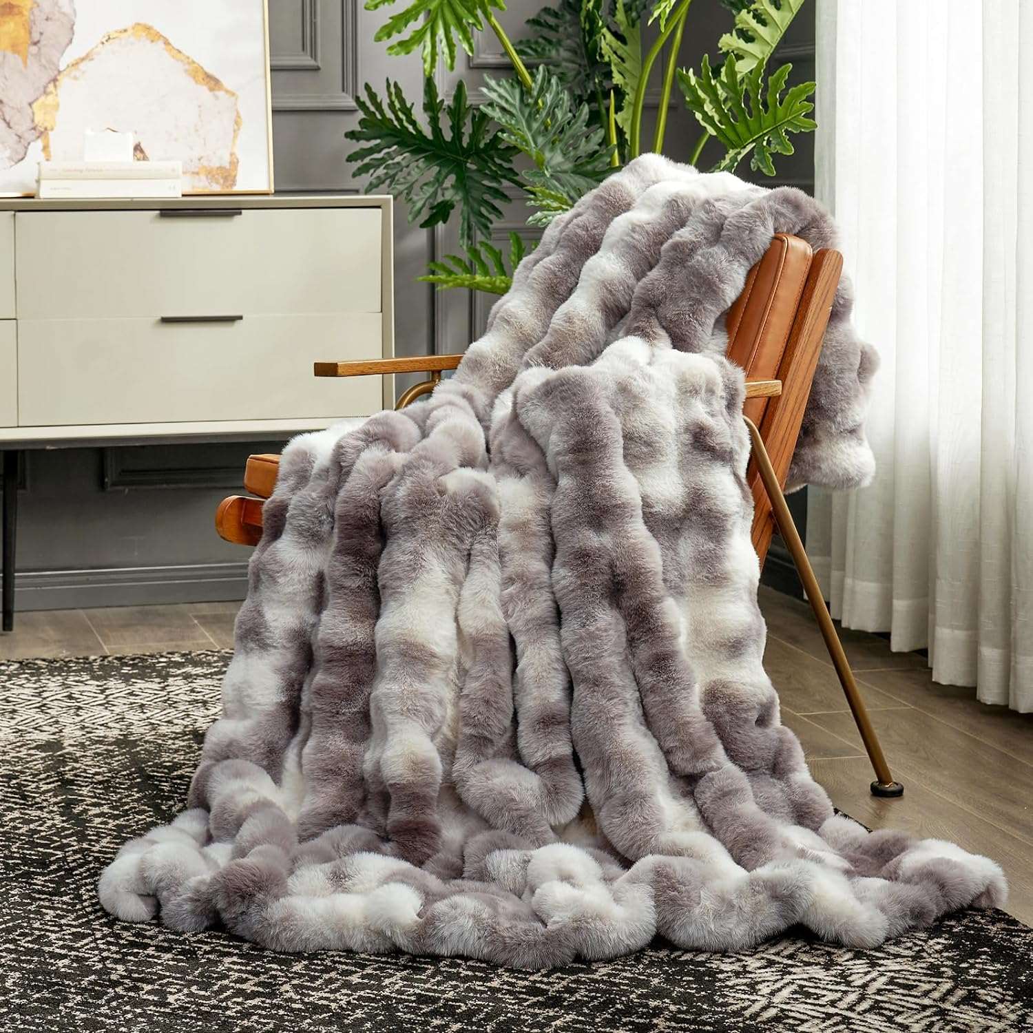 Cozy Bliss Bubble Faux Fur Throw Blanket in tie-dye gray, draped over chair, soft and cozy. #color_Tie-dye Taupe