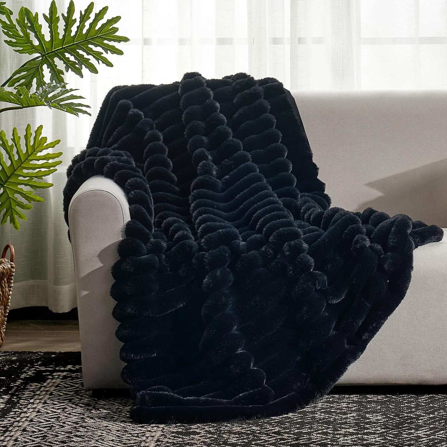 Black faux fur blanket on sofa, cozy home decor #color_Black