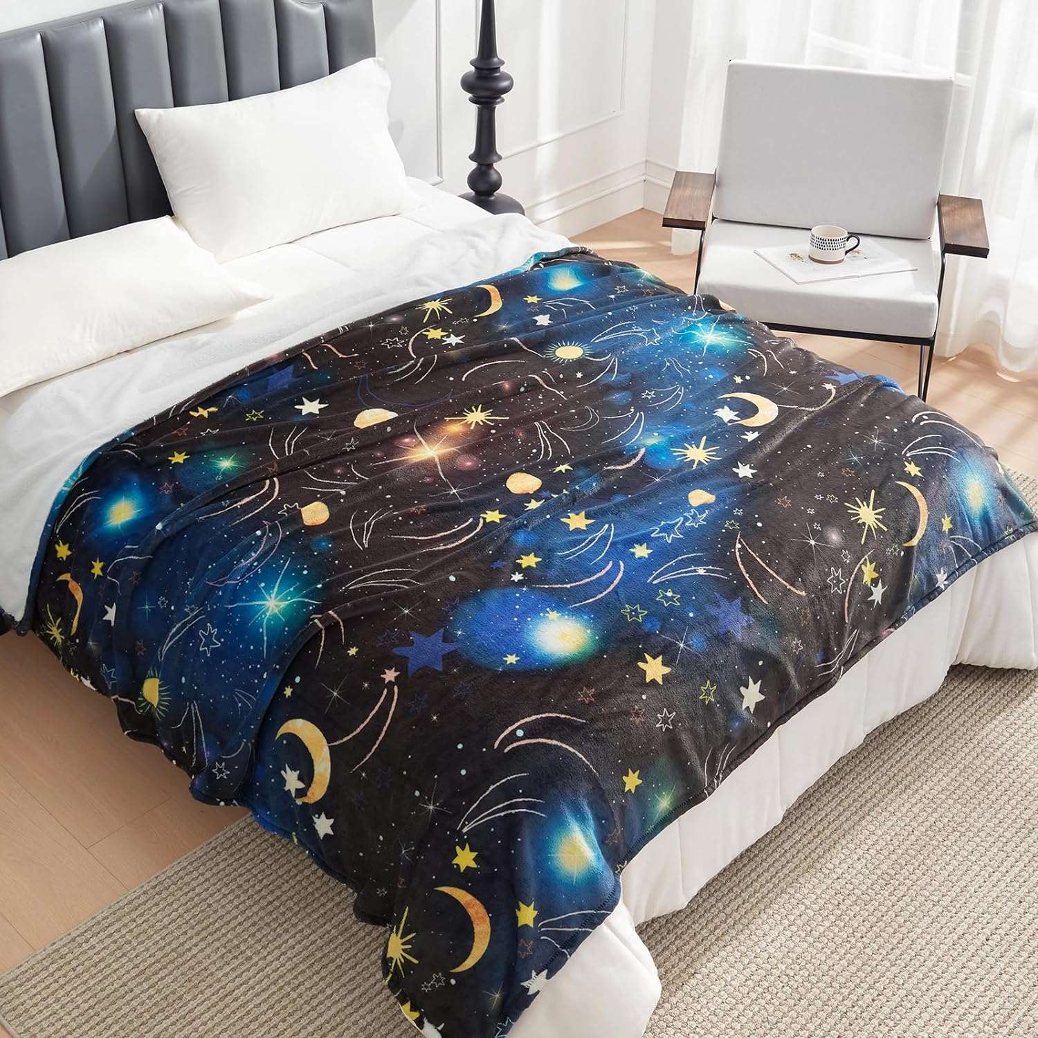Starry Sky Fleece Blanket on Bed - Cozy Bliss #color_Starry sky