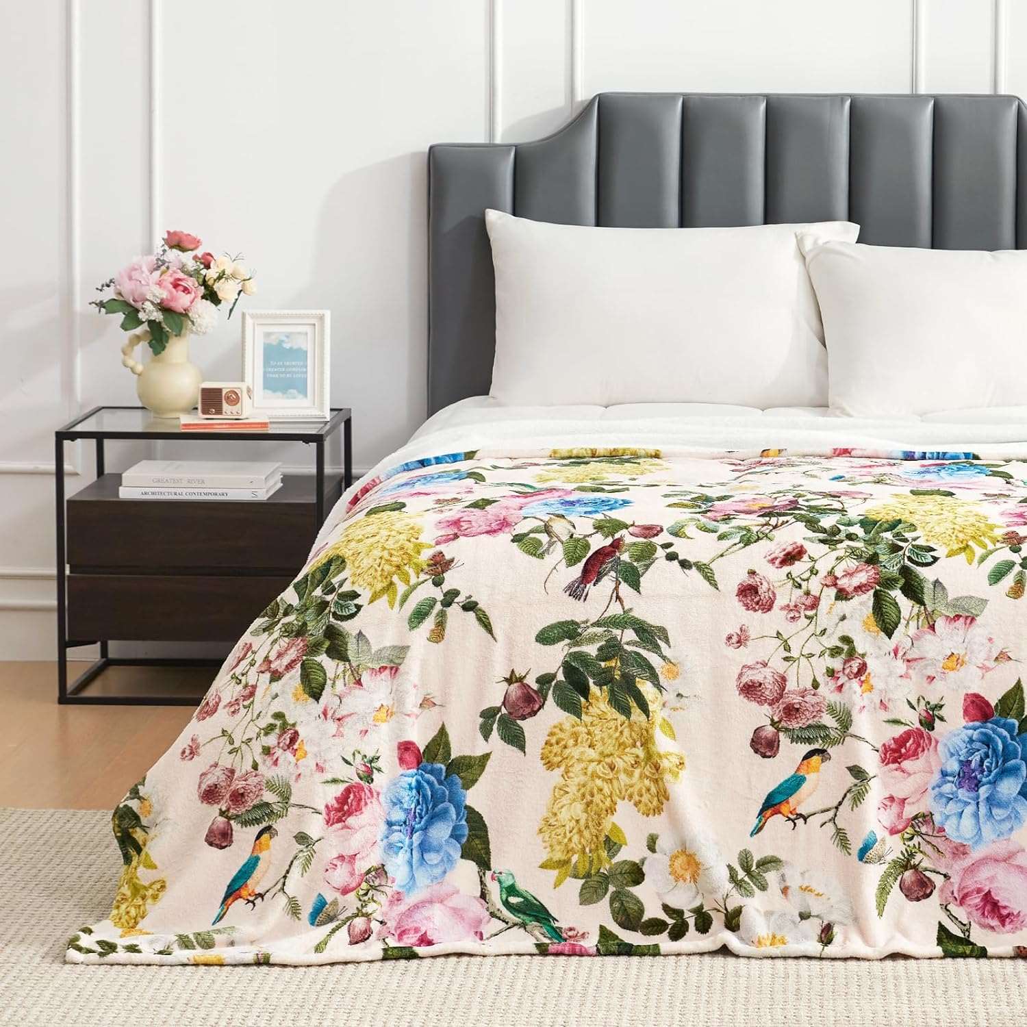 Floral Fleece Reversible Blanket on Bed #color_Secret Garden