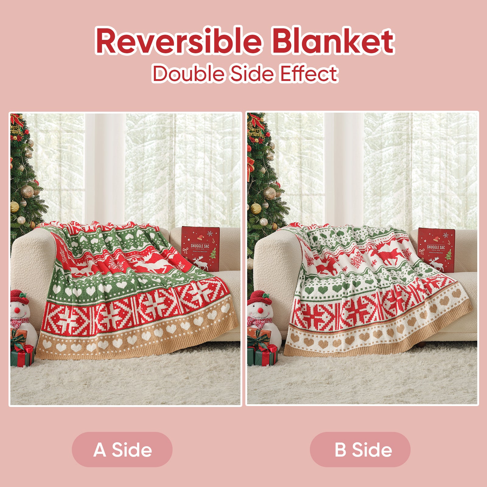Cozy Bliss x SS Reversible Fairy Isle Reindeer Feather Yarn Throw Blanket
