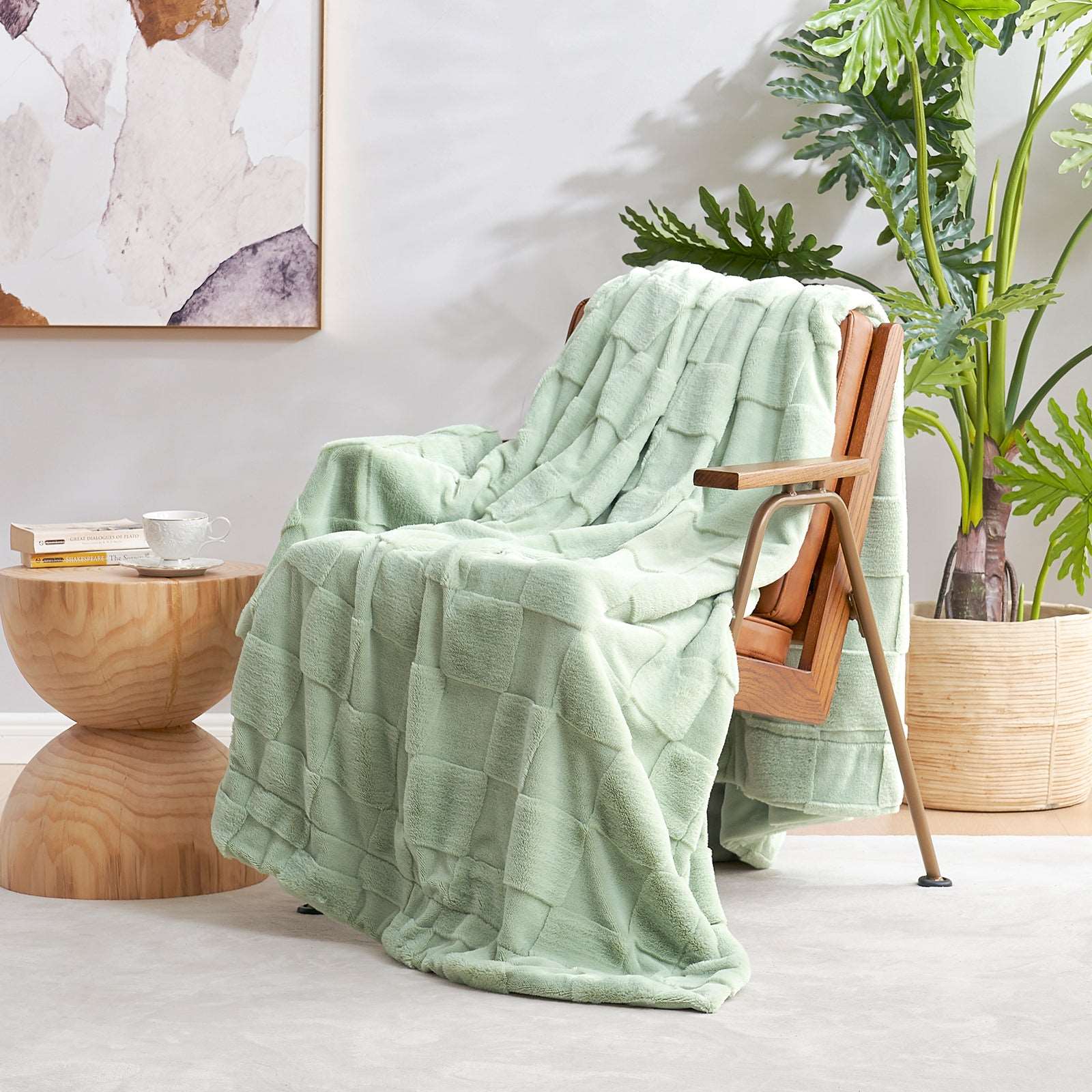 Green Checkered Faux Fur Blanket on Wooden Armchair #color_Sage Green