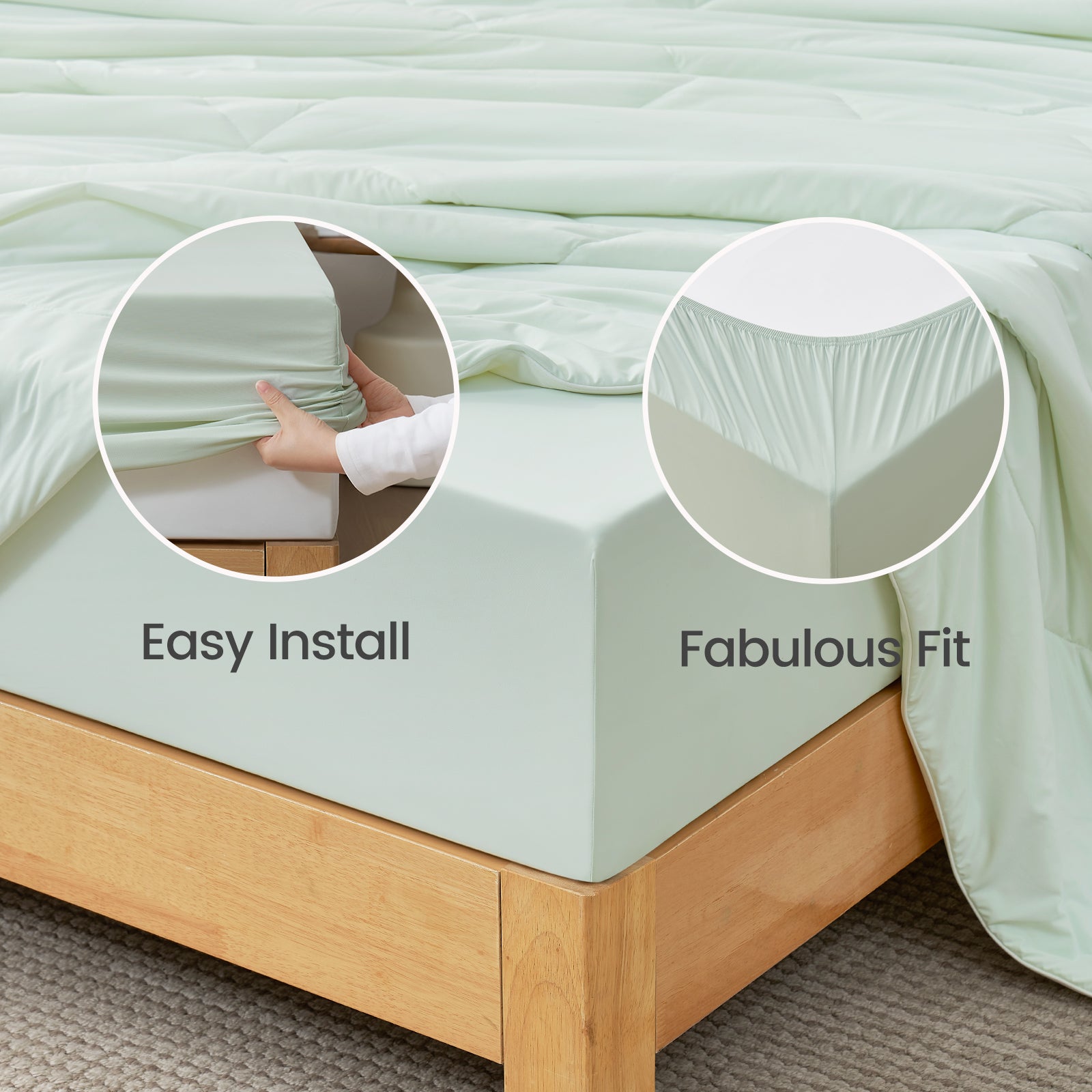 Soft green cooling fitted sheet set, easy install, fabulous fit, breathable fabric for cozy bedding. #Color_Light Mint Green