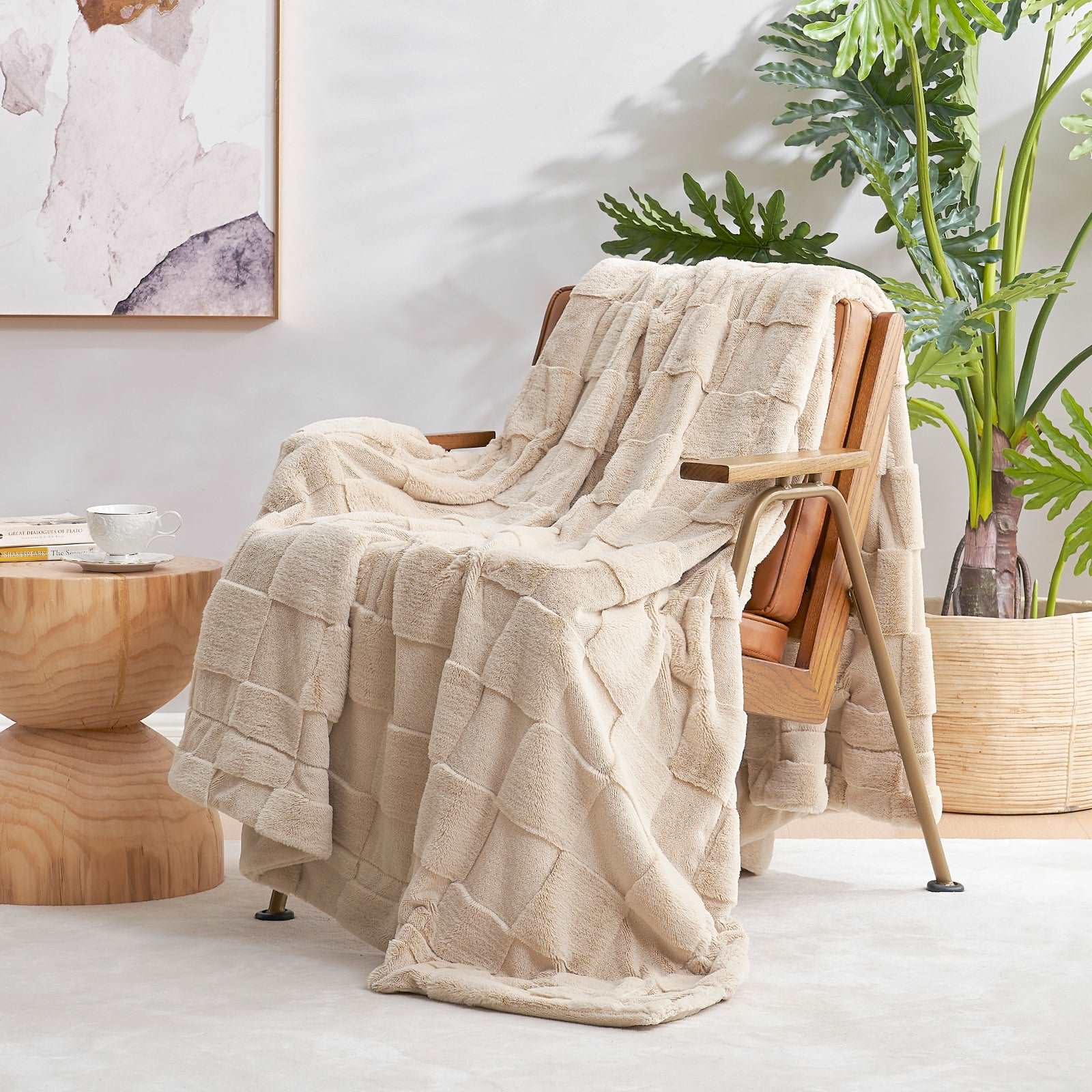 Beige Checkboard Faux Fur Throw Blanket draped on wooden armchair #color_Beige