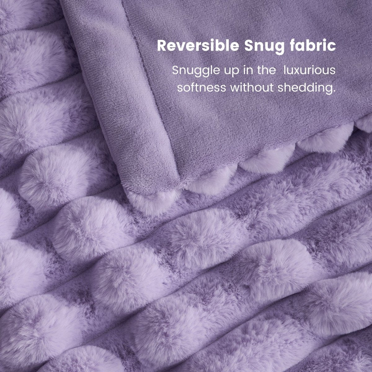 Close-up of Cozy Bliss purple faux fur blanket with Reversible Snug fabric, soft and cozy bedding #color_Purple