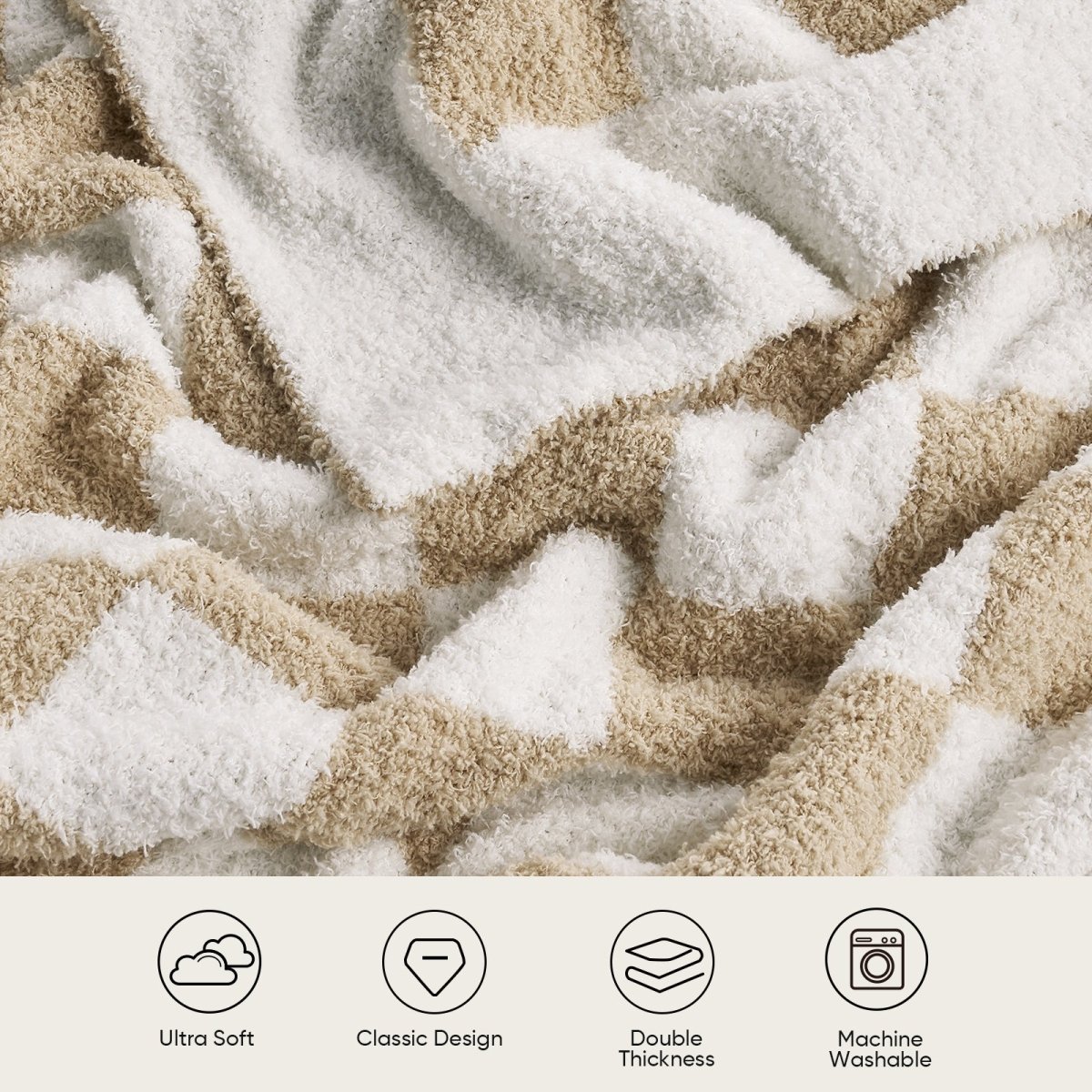 Close-up of soft feather yarn texture on Checkered Feather Yarn Knit Throw Blanket in Beige & White highlighting plush and ultra soft feel. #color_Beige & White