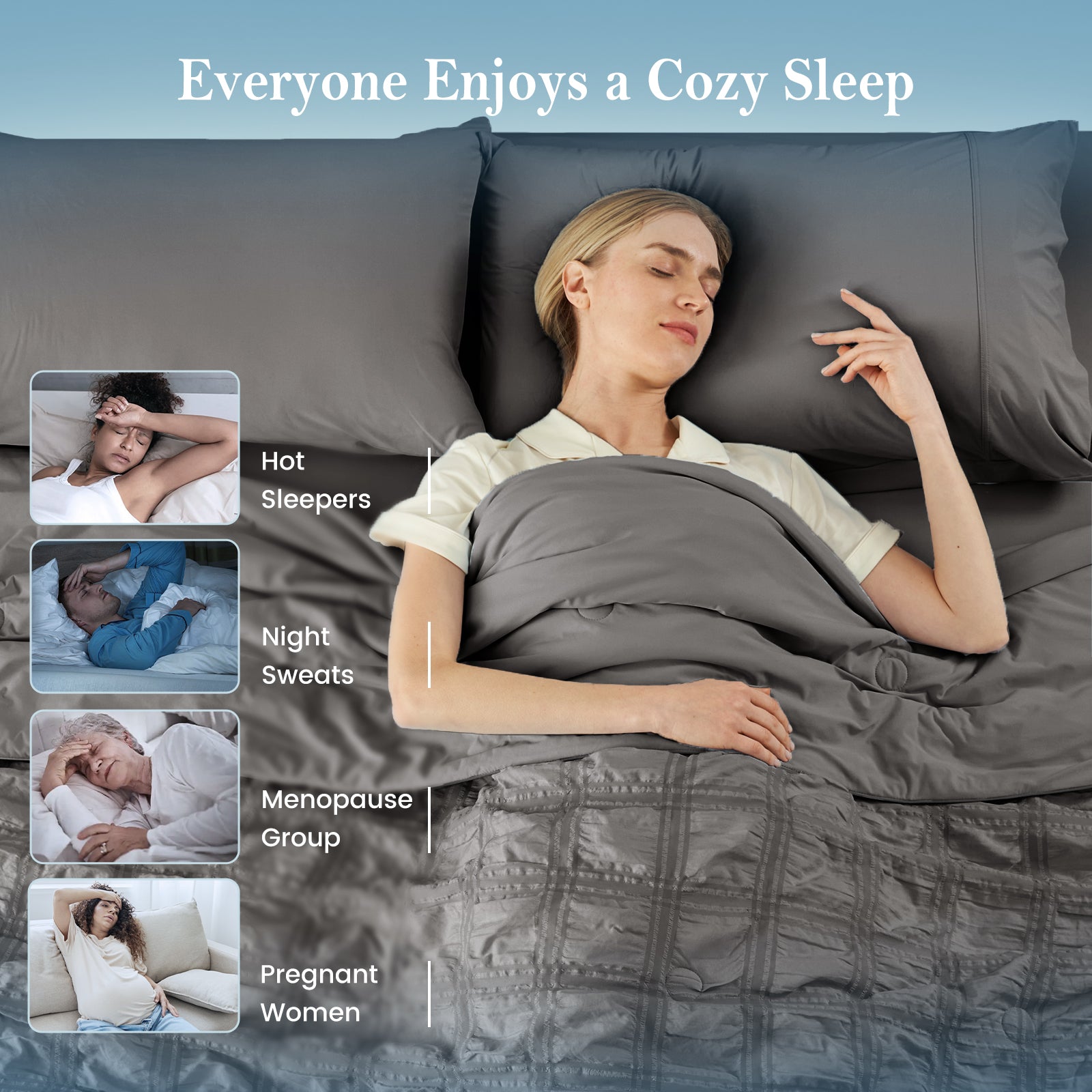 Woman sleeping peacefully under charcoal grey seersucker cooling comforter for hot sleepers.#color_Charcoal Grey