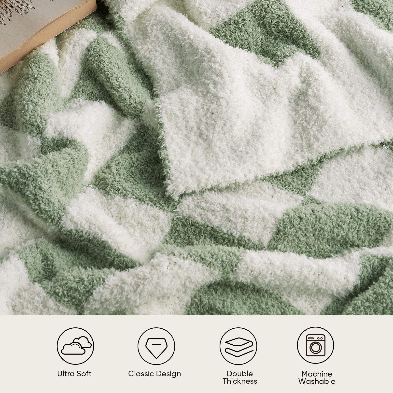 Close-up of soft feather yarn texture on Checkered Feather Yarn Knit Throw Blanket in Sage Green & White highlighting plush and cozy feel. #color_Sage Green & White