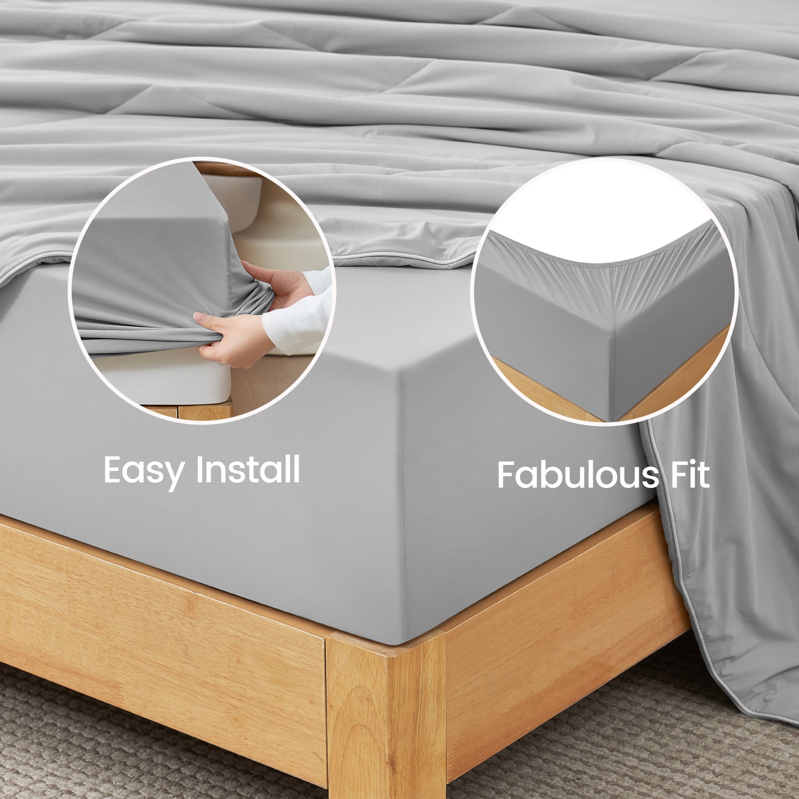 Light gray cooling fitted sheet on bed, Easy Install and Fabulous Fit. Ultra-soft, breathable cozy bedding #Color_Light Grey