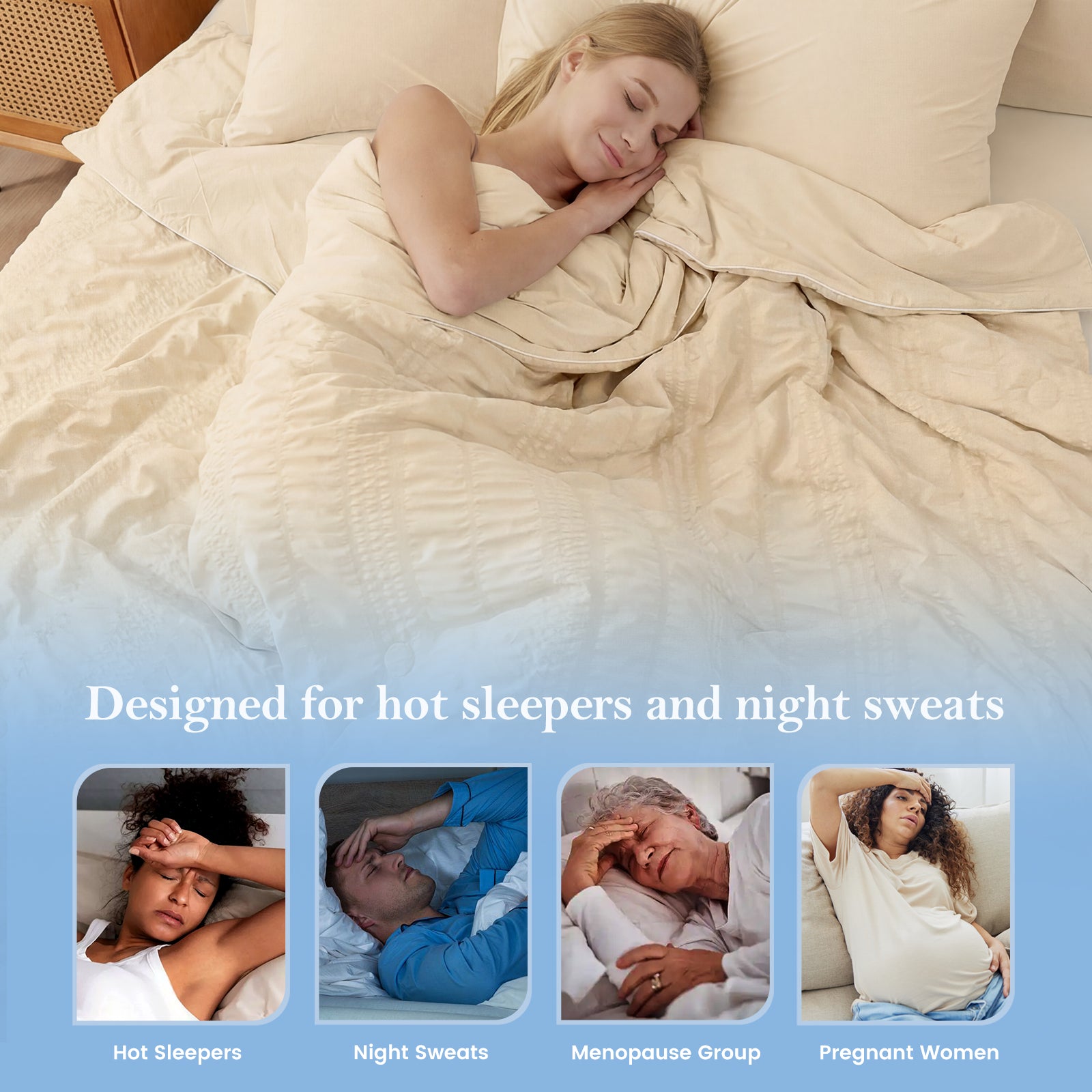 Women sleeping peacefully under Cozy Bliss khaki seersucker cooling comforter, perfect for hot sleepers.#color_khaki