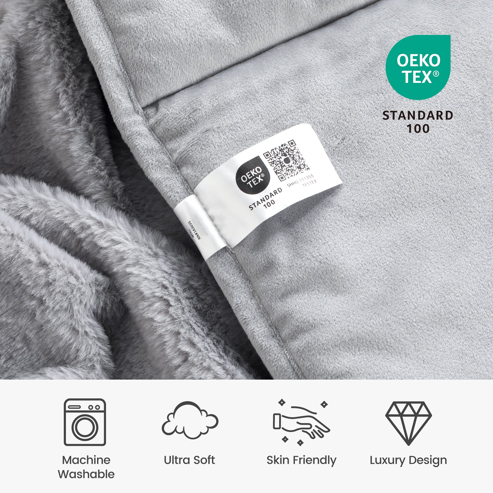 Gray fabric with OEKO-TEX label and product features displayed below. #color_Grey