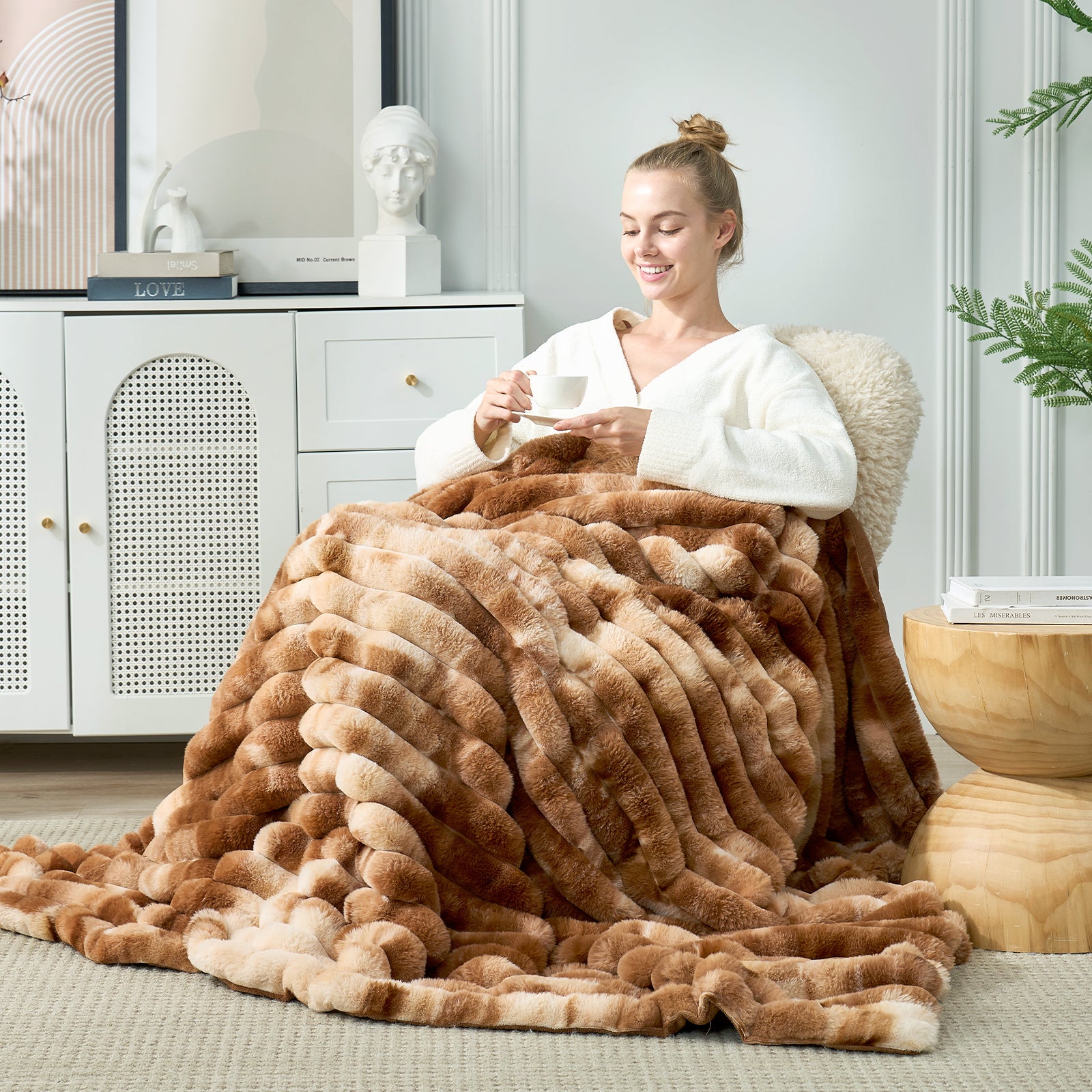 Striped Faux Fur Throw Blanket