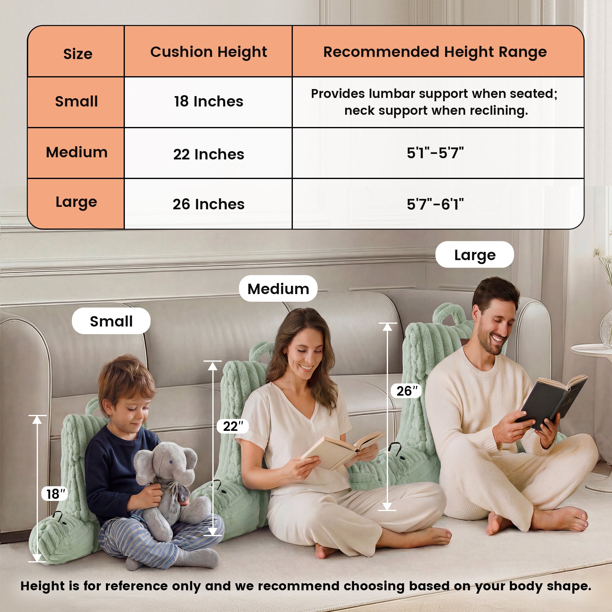 People leaning on electric heated backrest pillows with a chart showing the size height and recommended height range. #color_Sage Green