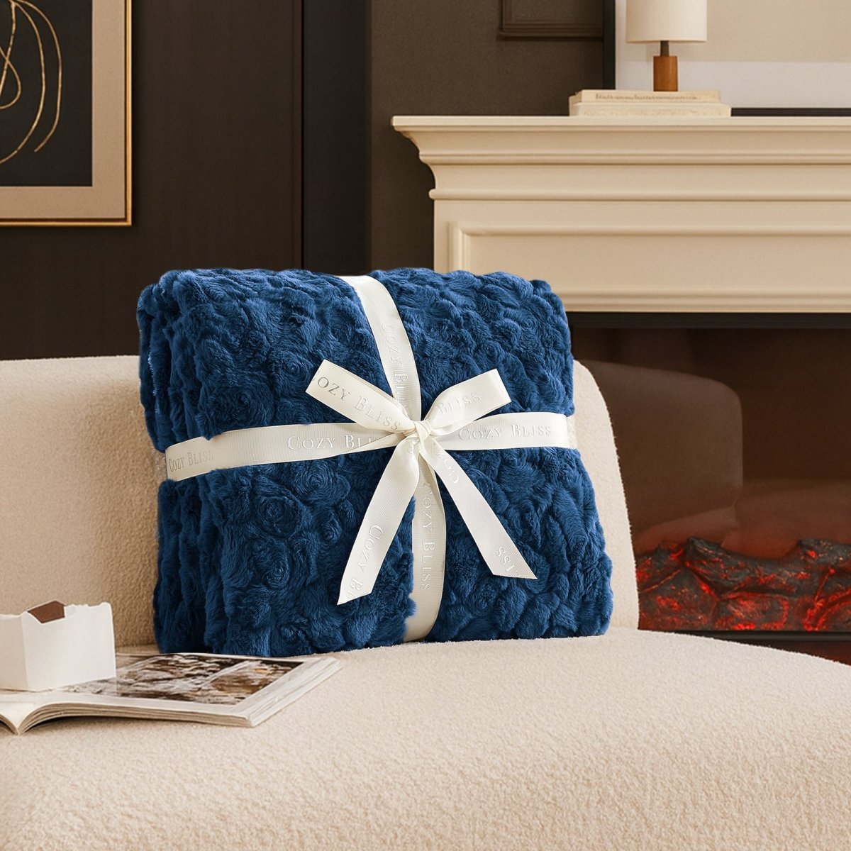 Gift-ready Cozy Bliss premium faux fur throw blanket wrapped with signature ribbon #color_Navy Blue