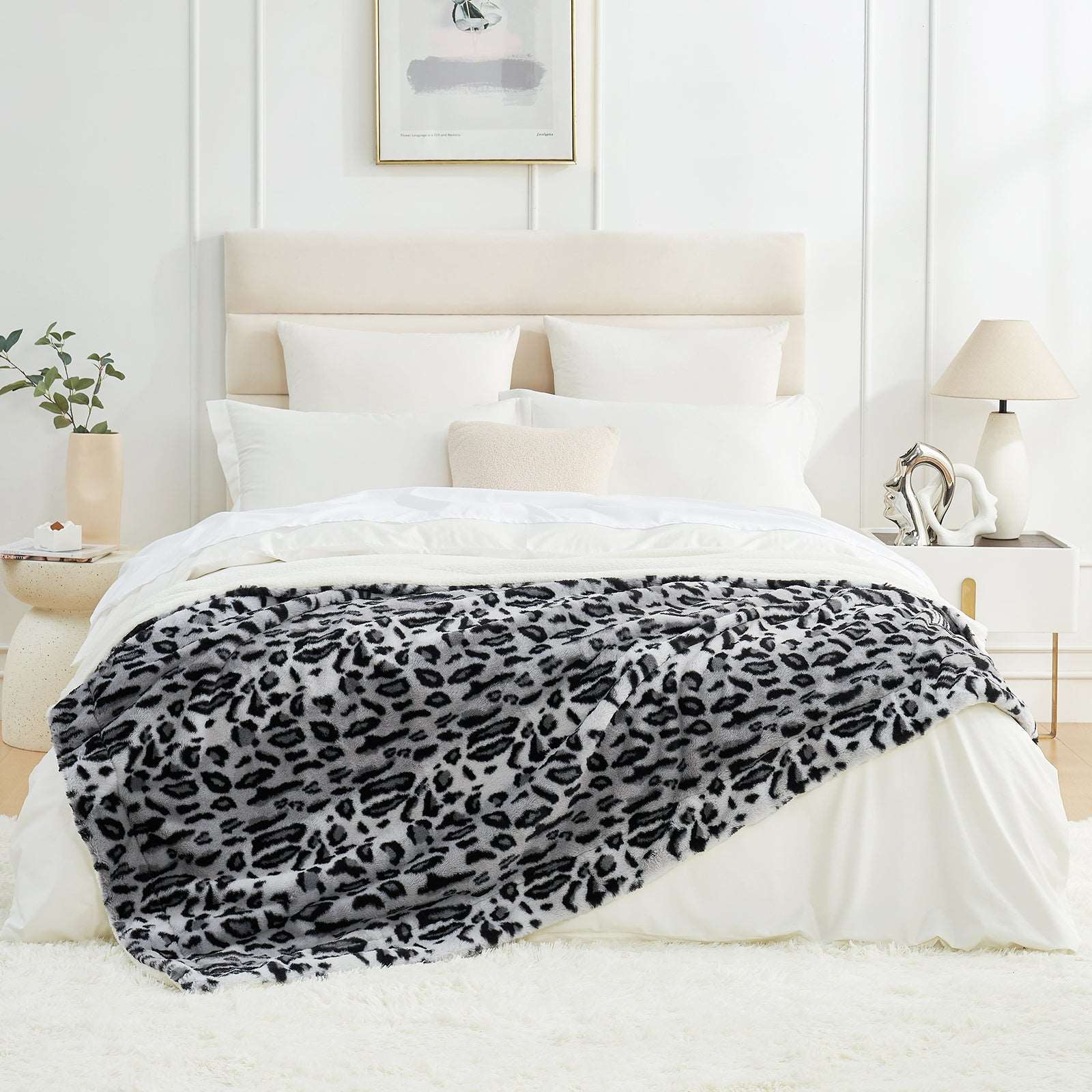 Leopard print blanket on a bed, cozy bedding #color_Snow Leopard