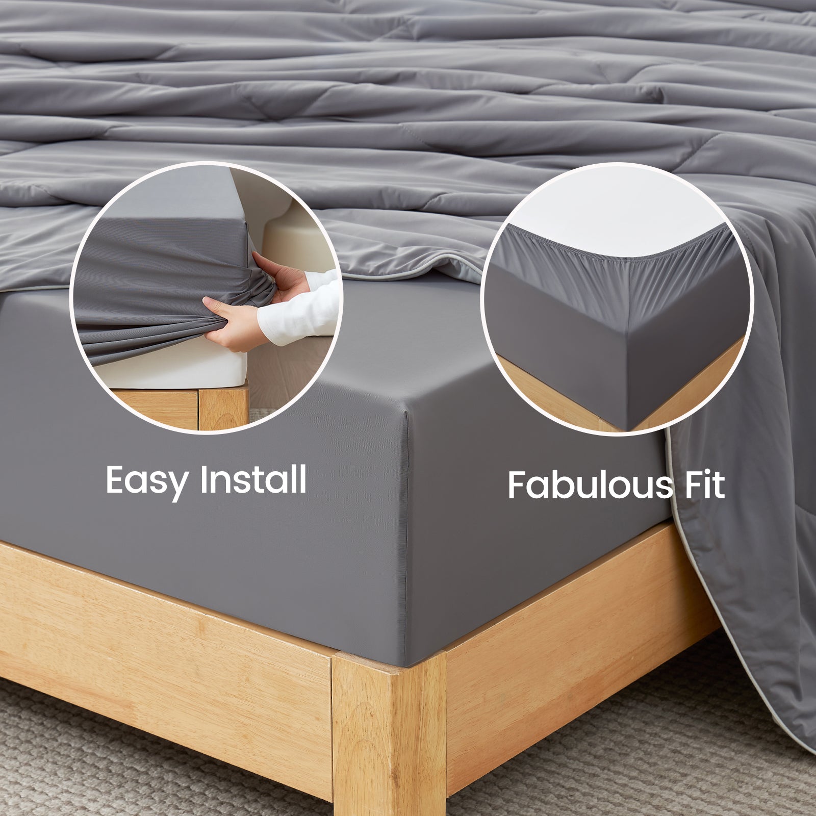 Gray cooling fitted sheet set with easy install and fabulous fit, Cozybliss breathable bedding #Color_Dark Grey
