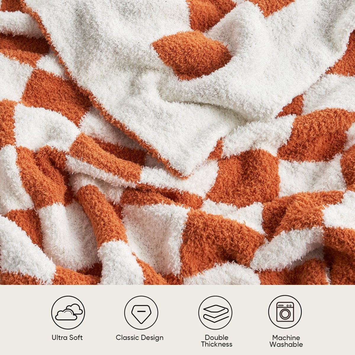 Close-up of soft feather yarn texture on Checkered Feather Yarn Knit Throw Blanket in Burnt Orange highlighting plush and cozy feel. #Color_Burnt Orange