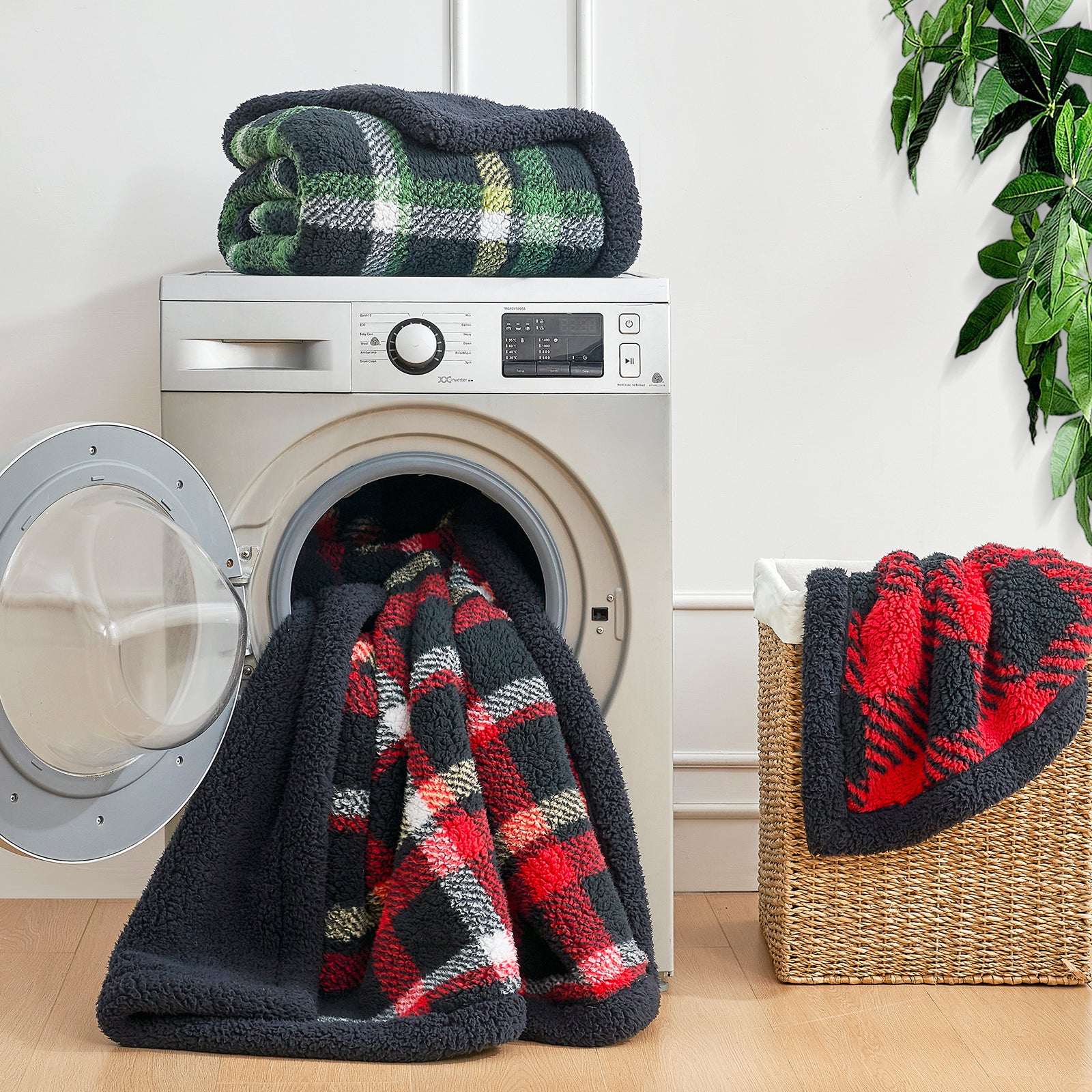 Plaid towels in front of a washing machine and basket #Color_Scotland Plaid Red
