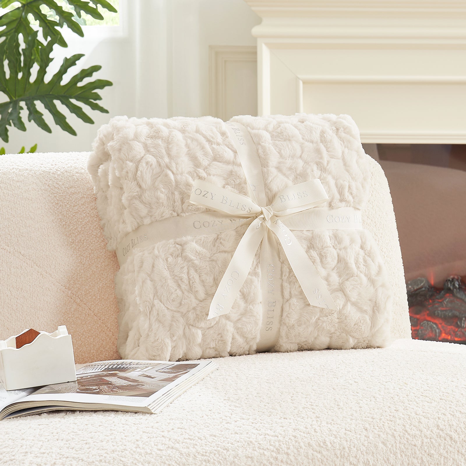 White textured headboard pillow on a bed with a magazine underneath, in a room setting. #color_Cream White