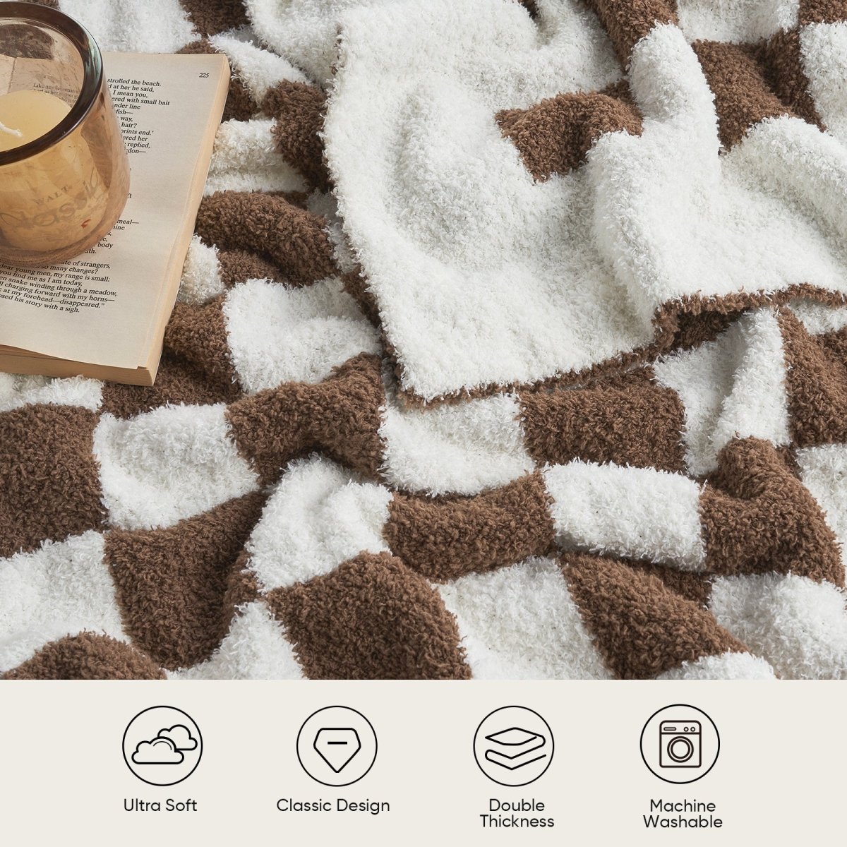 Close-up of soft feather yarn texture on Checkered Feather Yarn Knit Throw Blanket in Brown highlighting plush and cozy feel. #color_Brown