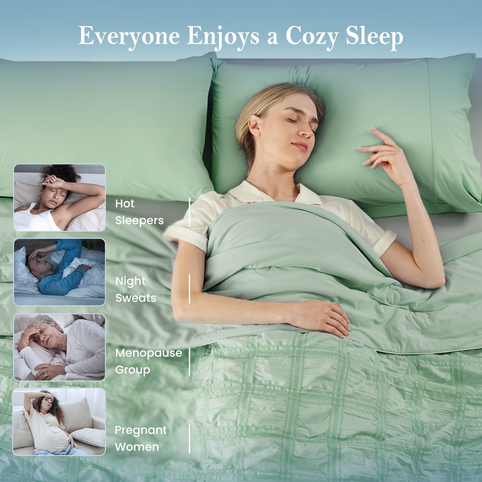 Woman sleeping peacefully under sage green seersucker cooling comforter for hot sleepers.#color_Sage Green