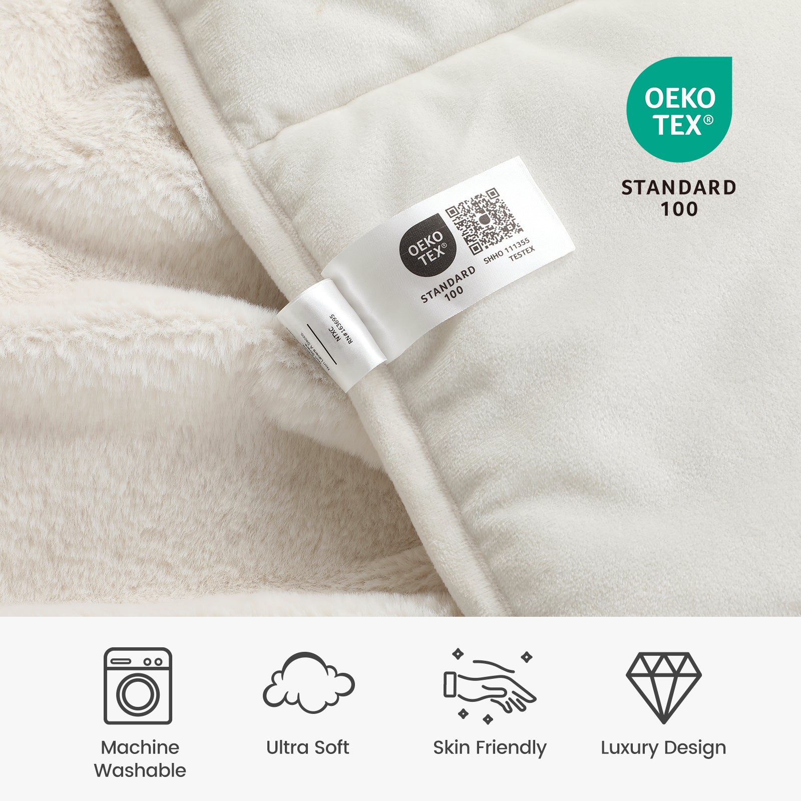 Close-up of a label on a textured fabric with OEKO-TEX Standard 100 certification, and icons indicating machine washable, ultra soft, skin friendly, and luxury design. #color_Cream White