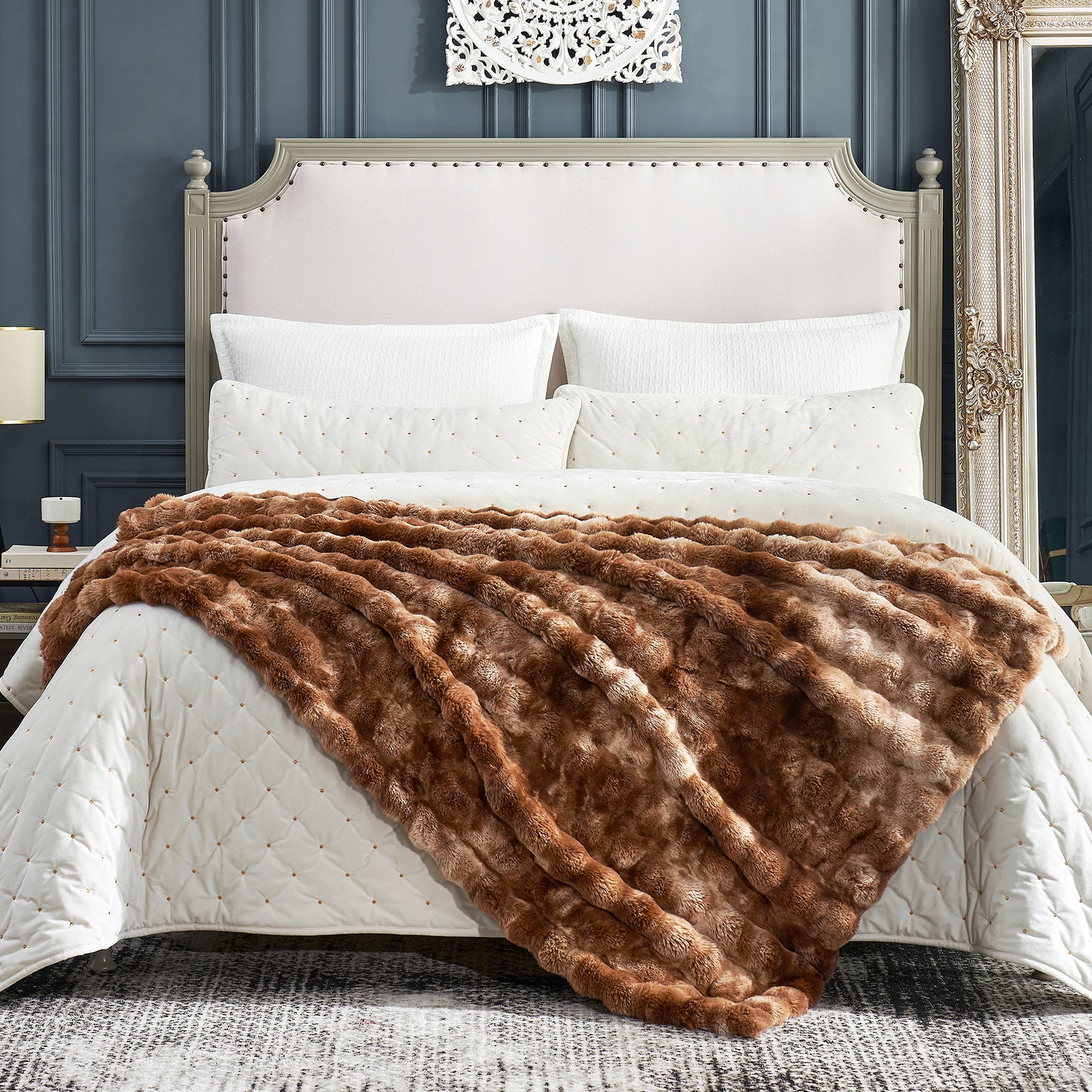 Cozy Bliss brown faux fur throw blanket on a bed, perfect for a cozy bedroom. Soft blanket. #color_Tie-dye Brown
