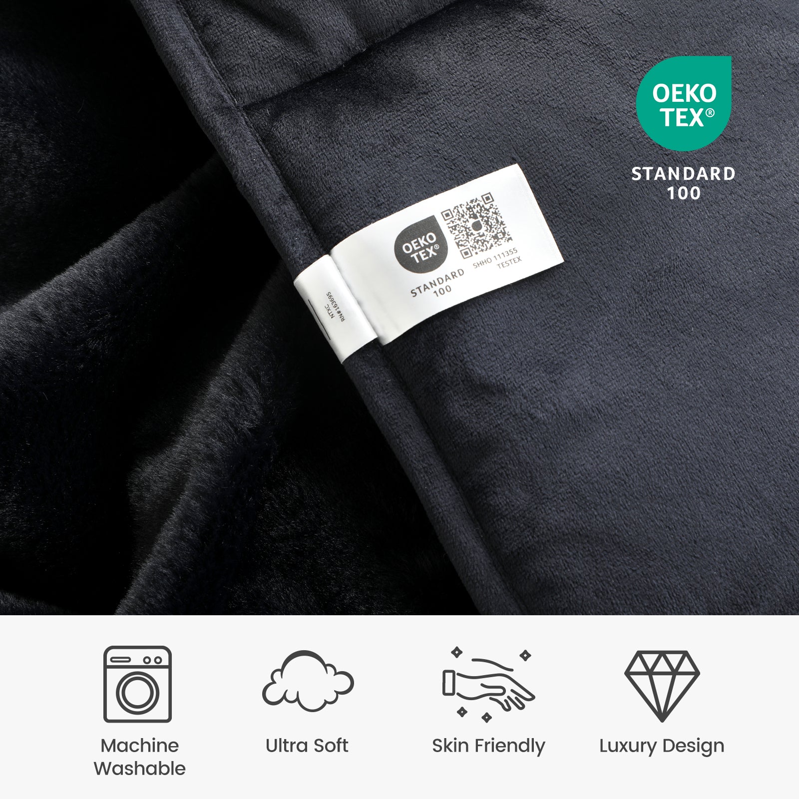 Label on dark fabric with OEKO-TEX Standard 100 logo and product features below. #color_Black