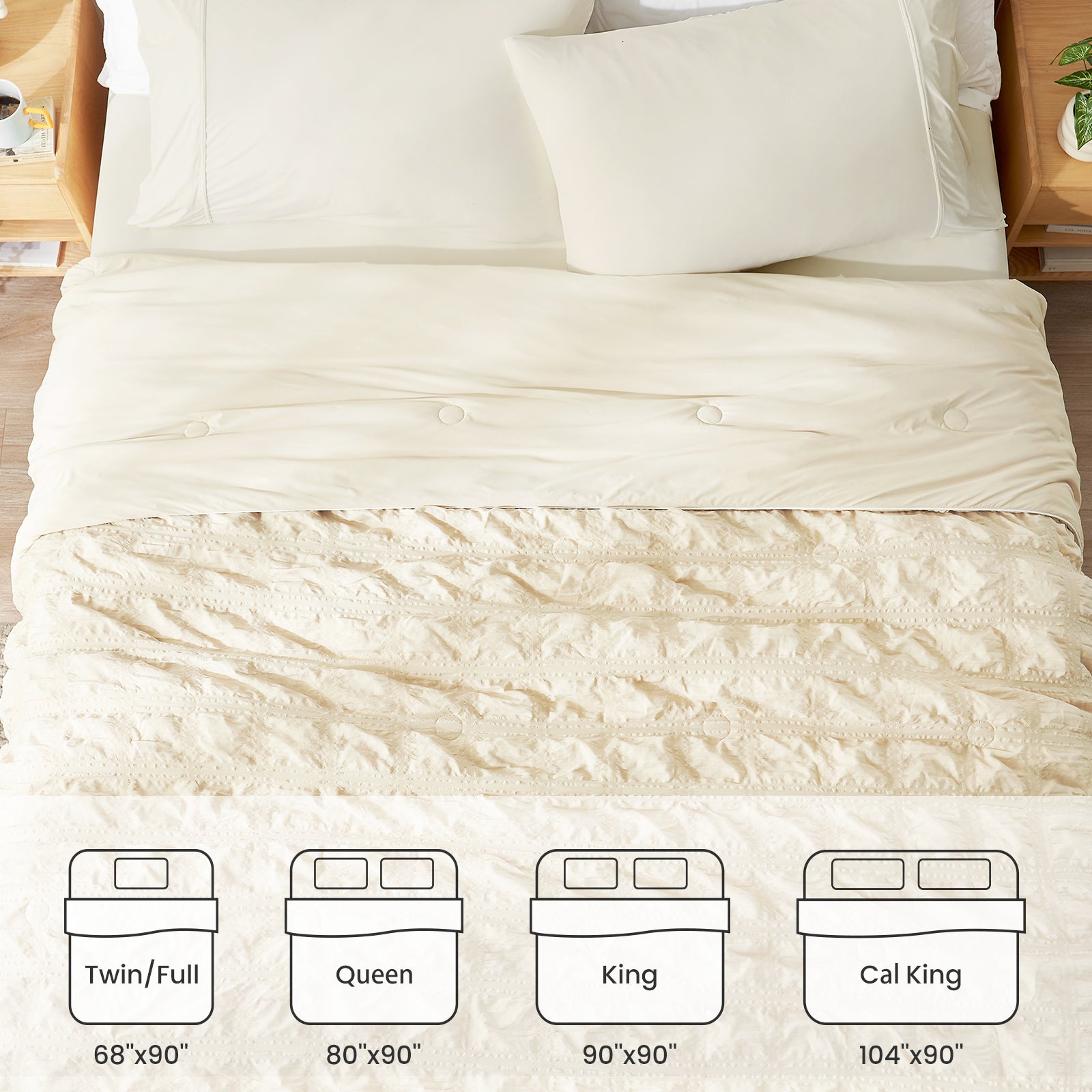 Beige comforter on a bed with size chart below #color_Khaki