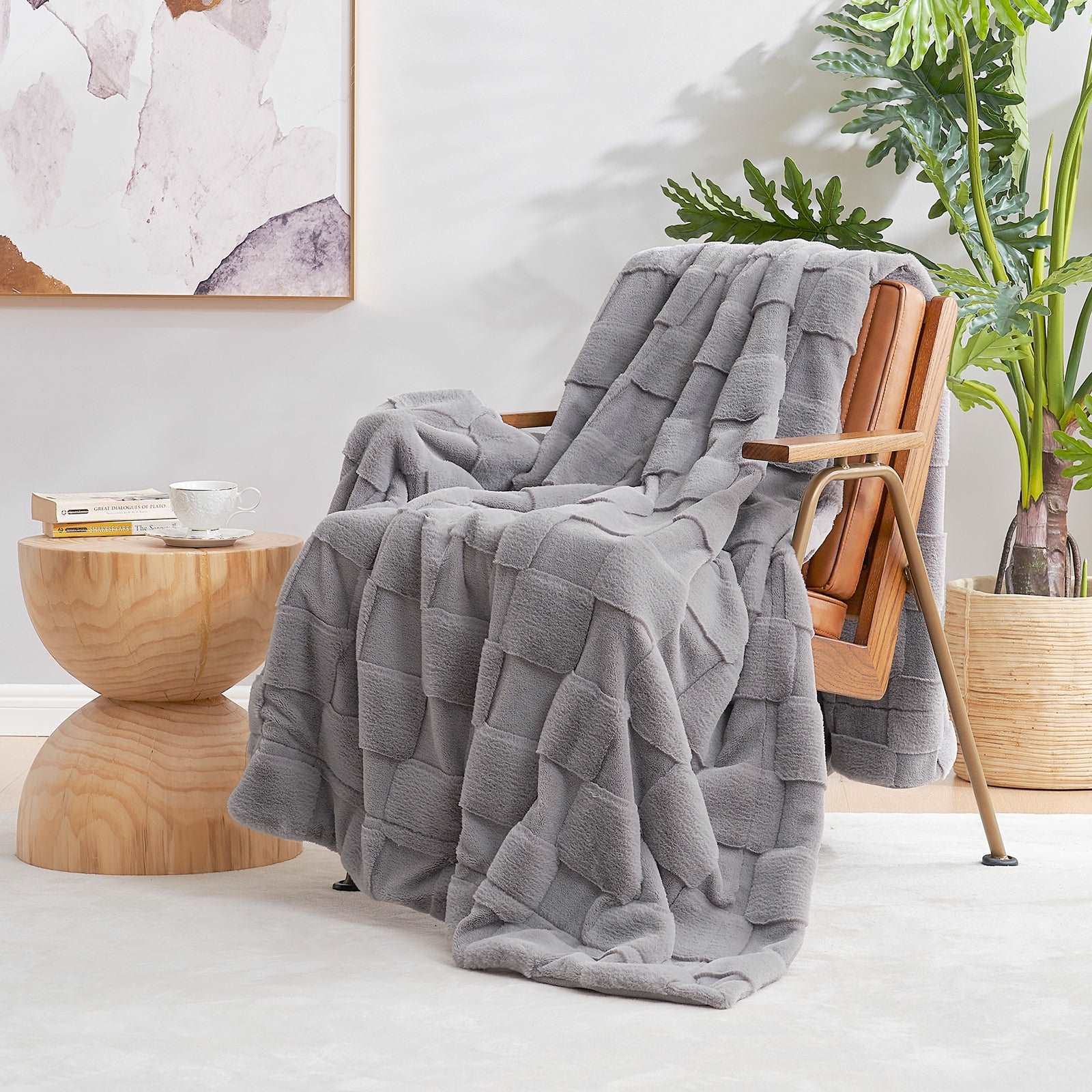Gray checkboard faux fur throw blanket on wooden armchair #color_Grey