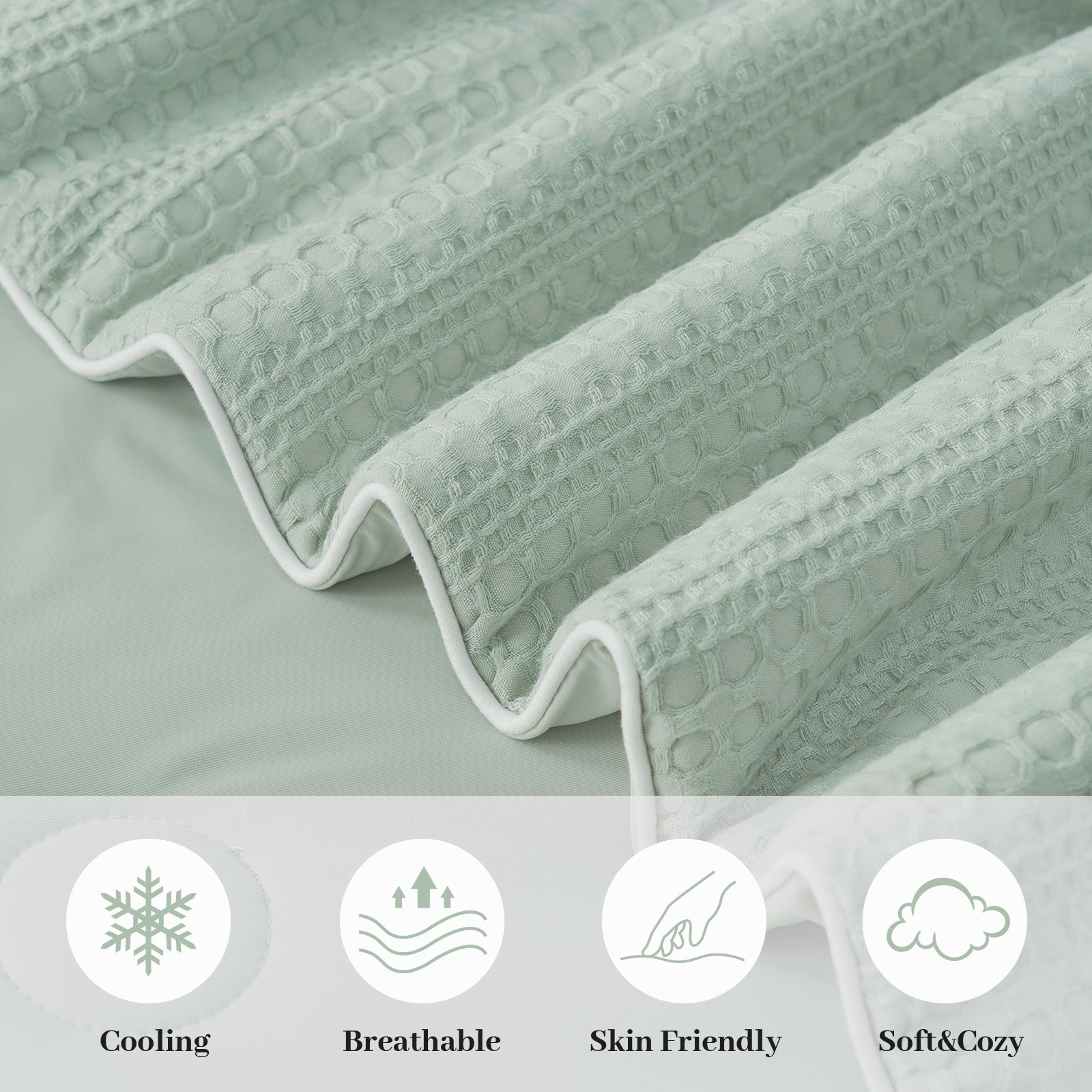 Close up of dual-sided cooling waffle fabric, brethable and skin friendly. #color_Sage Green