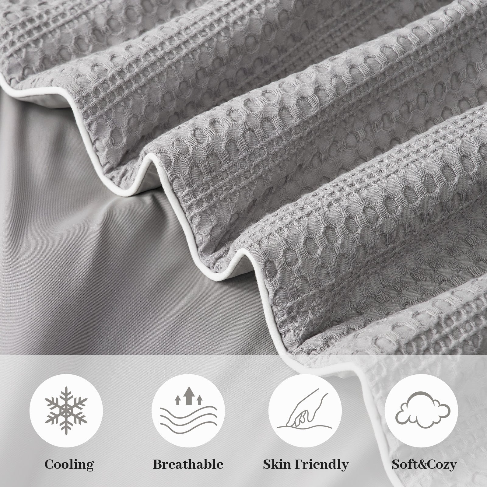 Close up of dual-sided cooling waffle fabric, brethable and skin friendly. #color_Grey