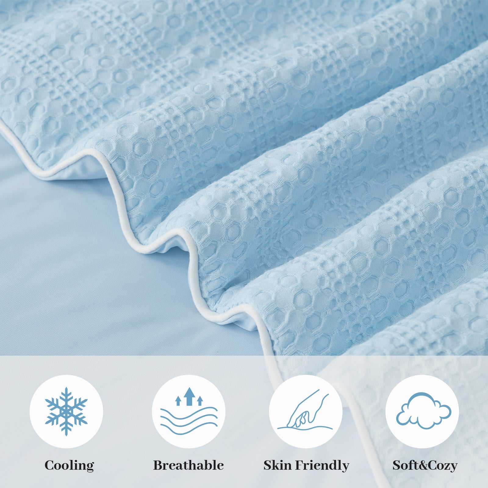 Close up of dual-sided cooling waffle fabric, brethable and skin friendly. #color_Blue