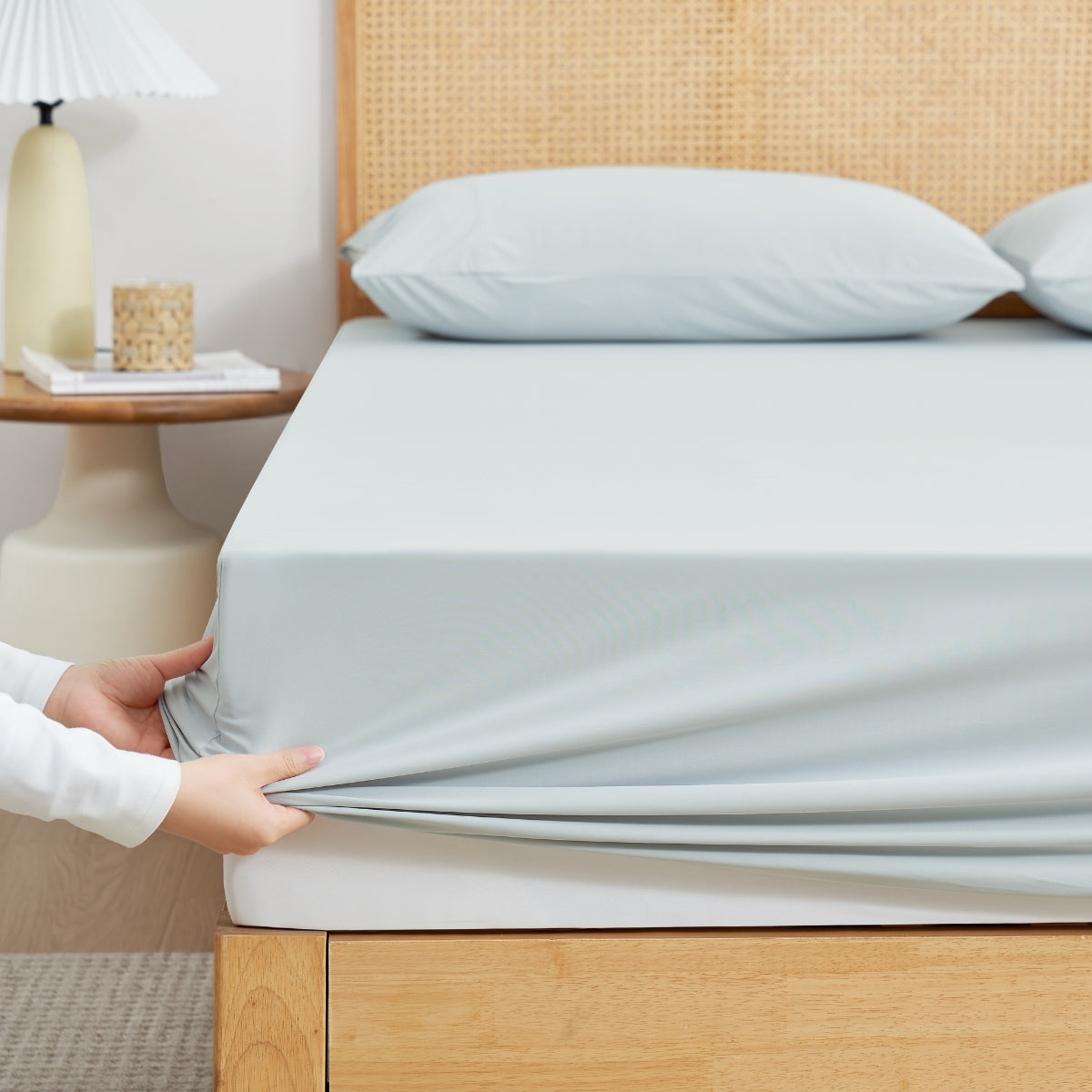 Cozy Bliss Cream-colored cooling fitted sheet set with pillowcases front view. #Color_Cool Blue