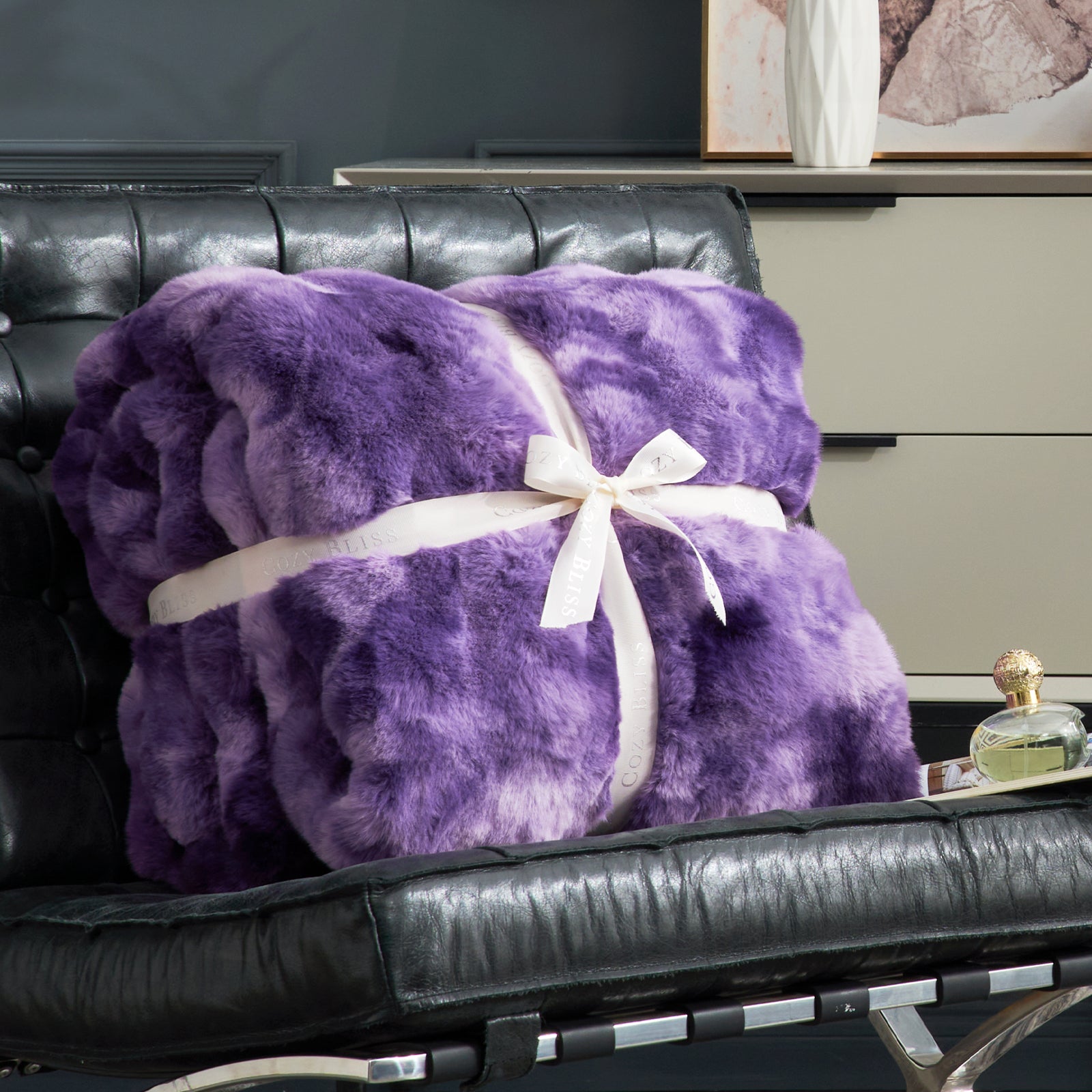 Cozy Bliss purple tie-dye faux fur throw blanket, wrapped with ribbon, perfect cozy blanket #color_Tie-dye Purple