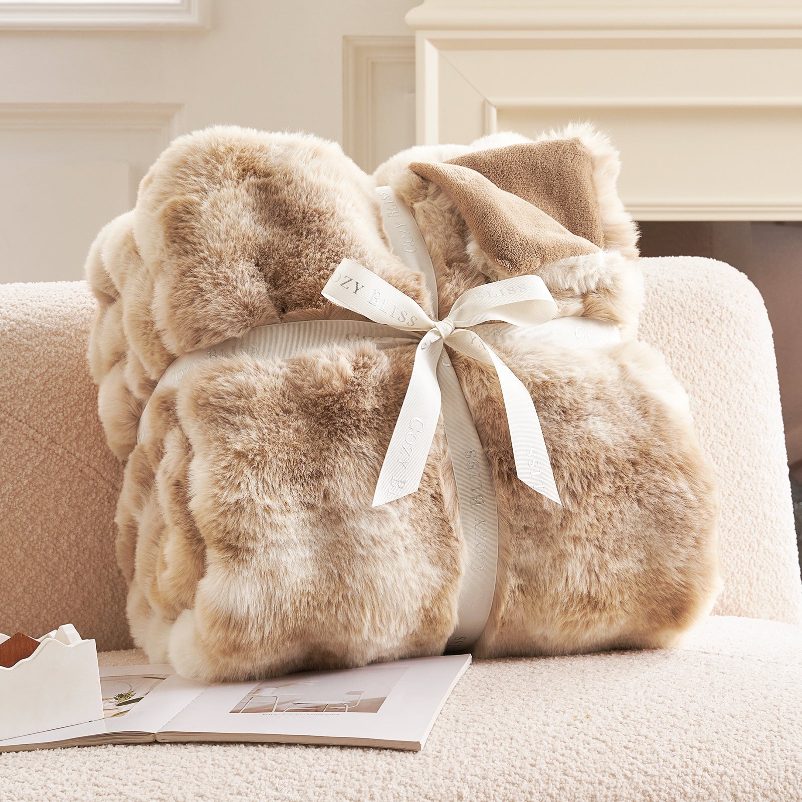 Cozy Bliss Faux Fur Throw Blanket in beige, tied with a ribbon, perfect for cozy comfort #Color_Tie-dye Beige