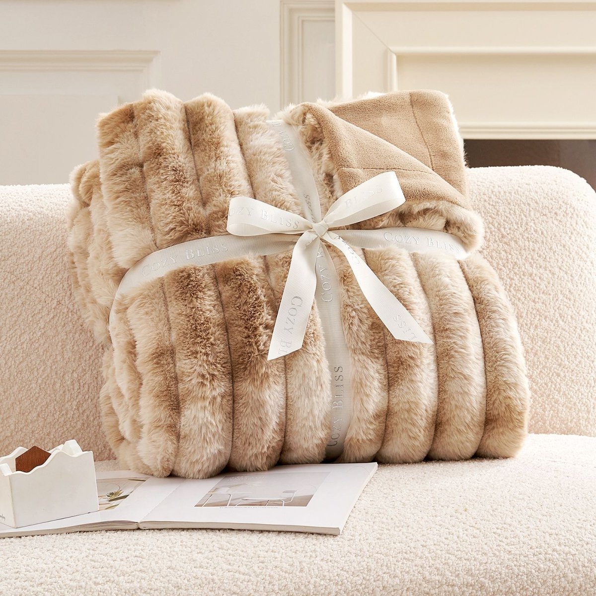 Cozy Bliss faux fur blanket in tie-dye beige, elegantly packaged and ready for gifting, cozy bedding #color_Tie-dye Beige