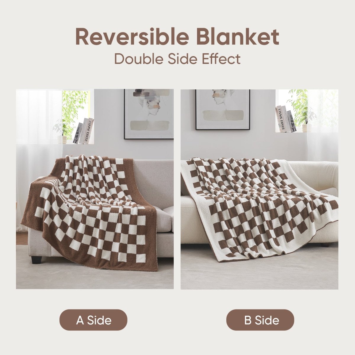 Reversible Checkered Feather Yarn Knit Throw Blanket in Brown featuring dual-sided design for added versatility. #color_Brown