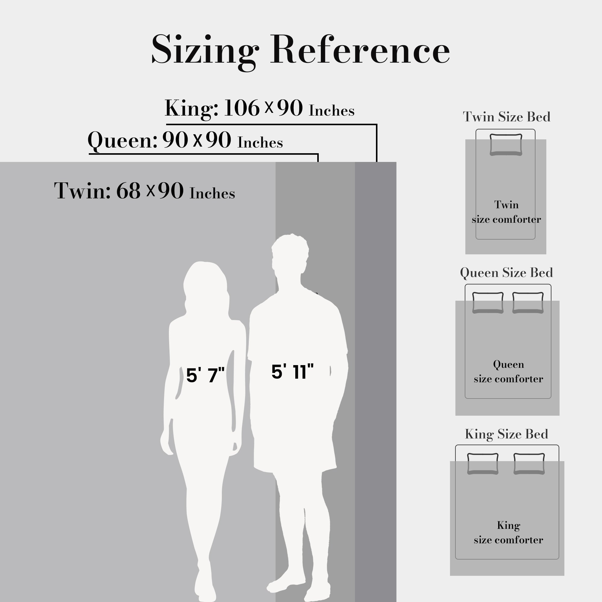 Sizing reference chart for bedding dimensions with people and furniture illustrations. #Color_Snowflake Grey
