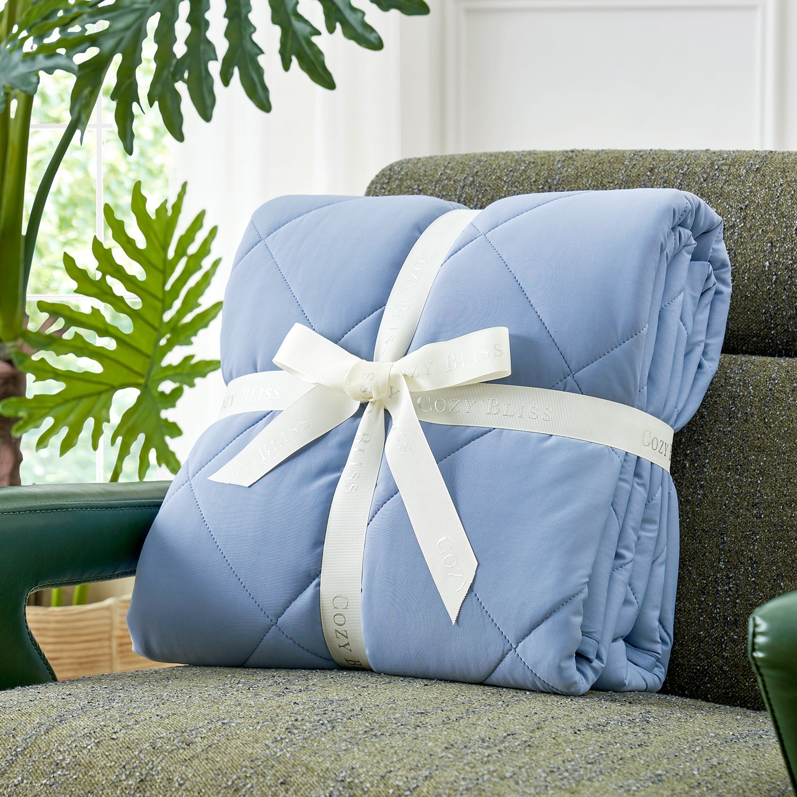 Cozy Bliss light blue cooling blanket, diamond-stitched, tied with ribbon; breathable blankets, cozy blanket #Color_Dark Blue