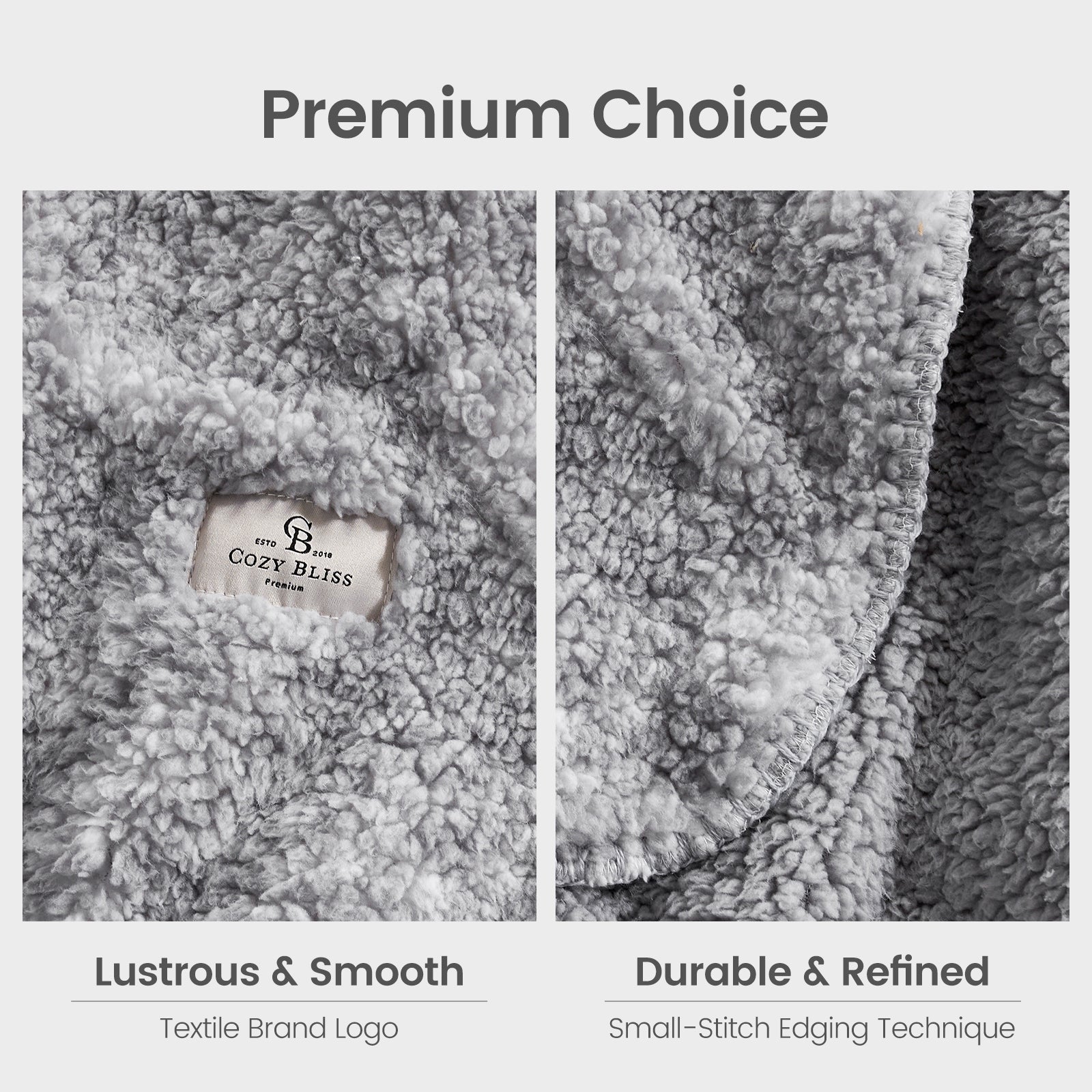 Cozy Bliss gray Sherpa blanket with soft texture & durable stitch edging. Perfect for cozy bedding. #color_Mottled Grey