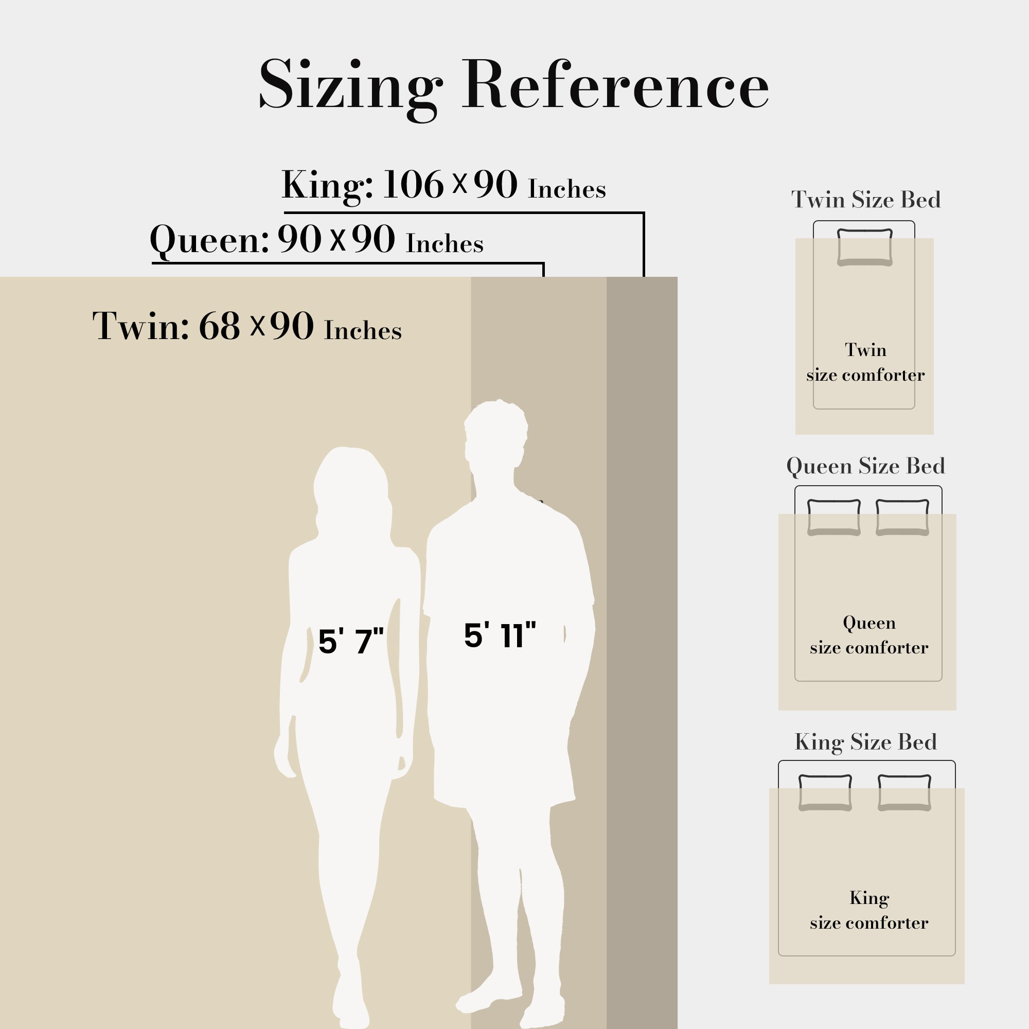 Sizing reference chart for King, Queen, and Twin bed sizes with dimensions and height/width measurements. #Color_Polar Bear