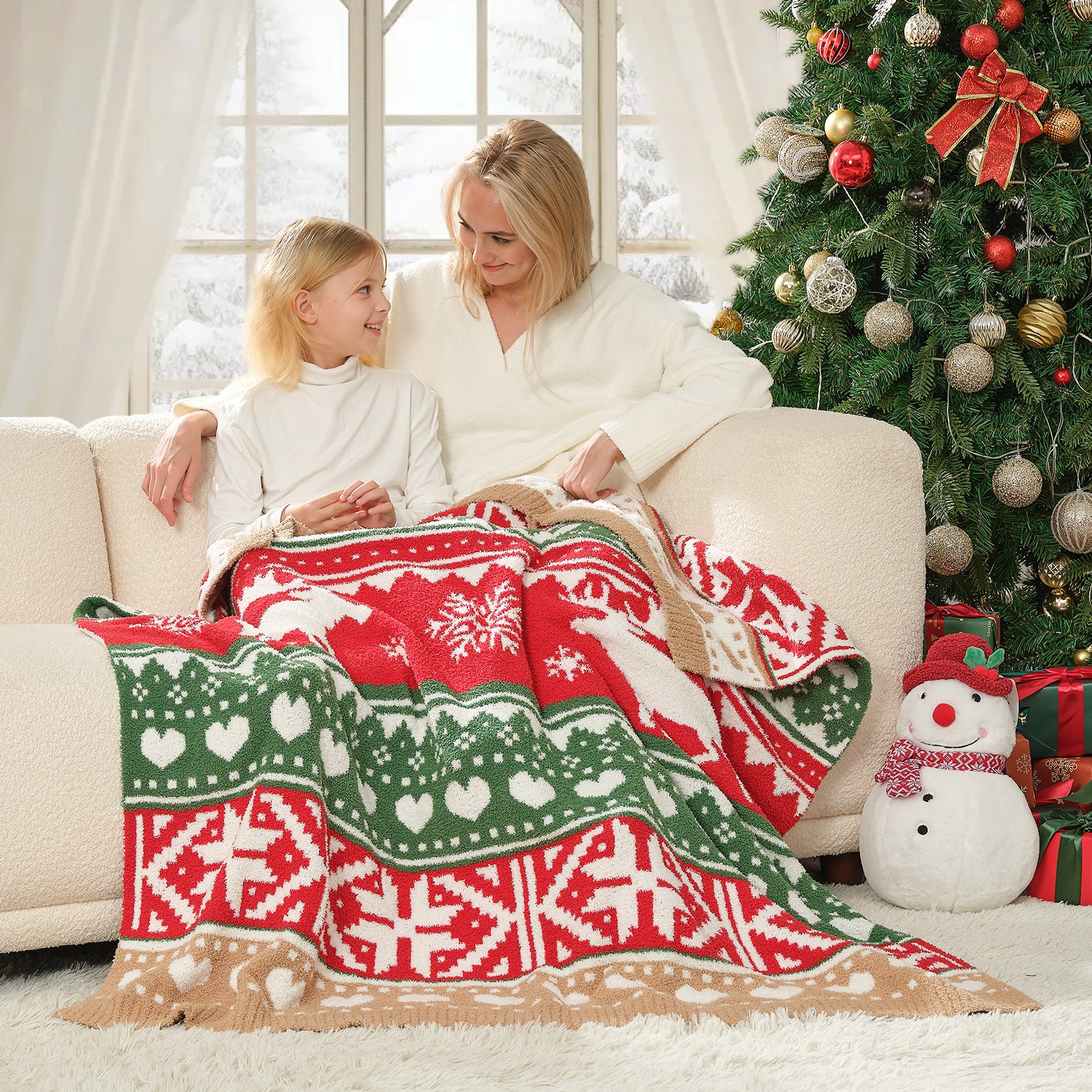 Cozy Bliss x SS Reversible Fairy Isle Reindeer Feather Yarn Throw Blanket