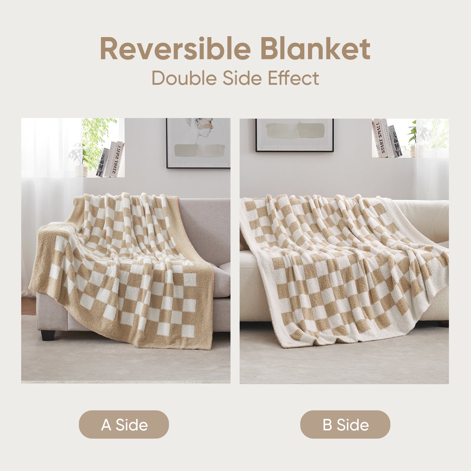 Reversible Checkered Feather Yarn Knit Throw Blanket in Beige & White featuring double side effect for versatile styling. #color_Beige & White