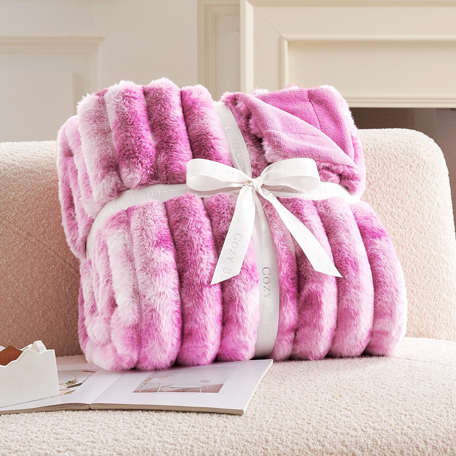 Cozy Bliss pink striped faux fur blanket, ready for gifting, cozy bedding #color_Tie-dye Pink